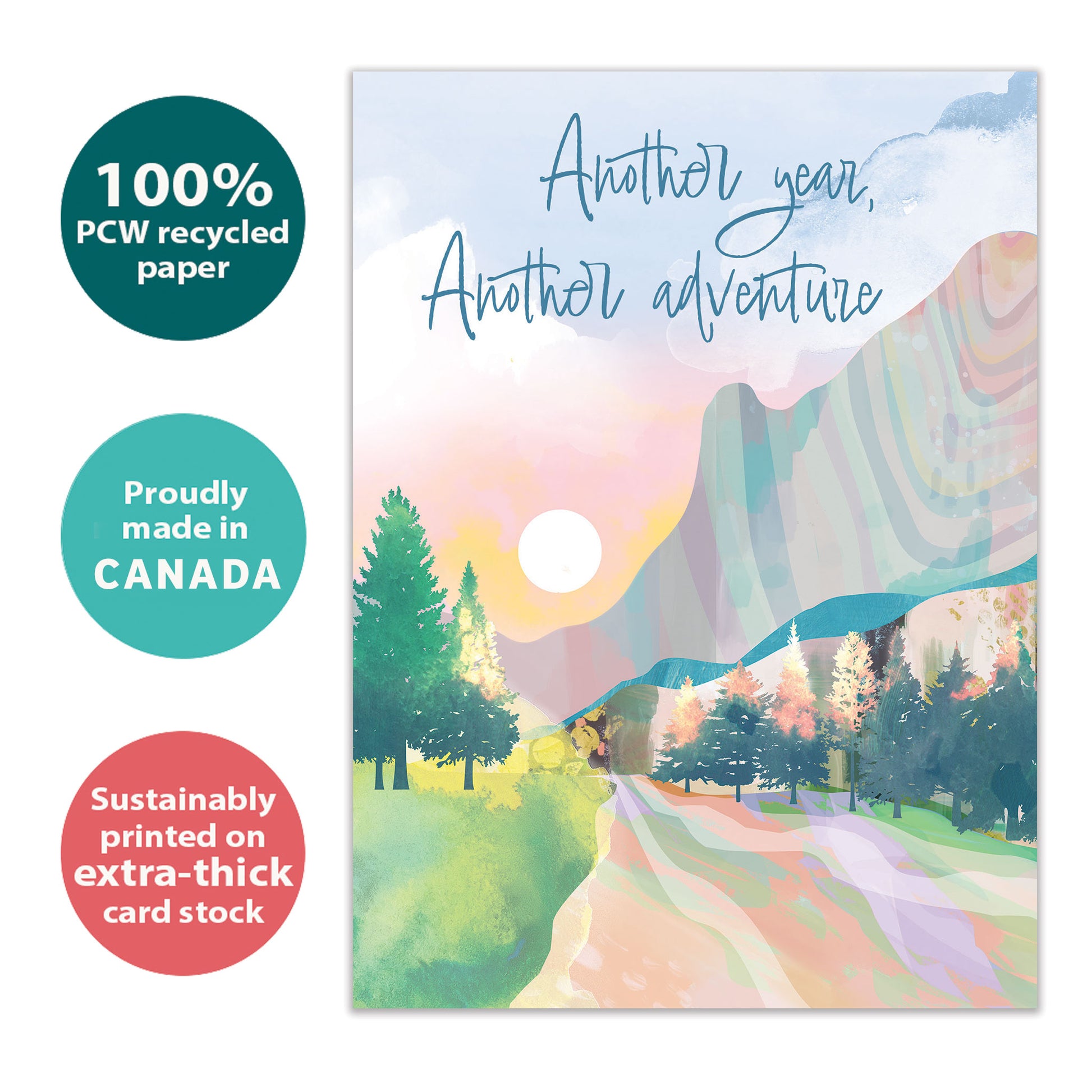 Front view of a Birthday greeting card with an illustration of a country road and the message "Another year, Another adventure," made with eco-friendly materials in Canada.