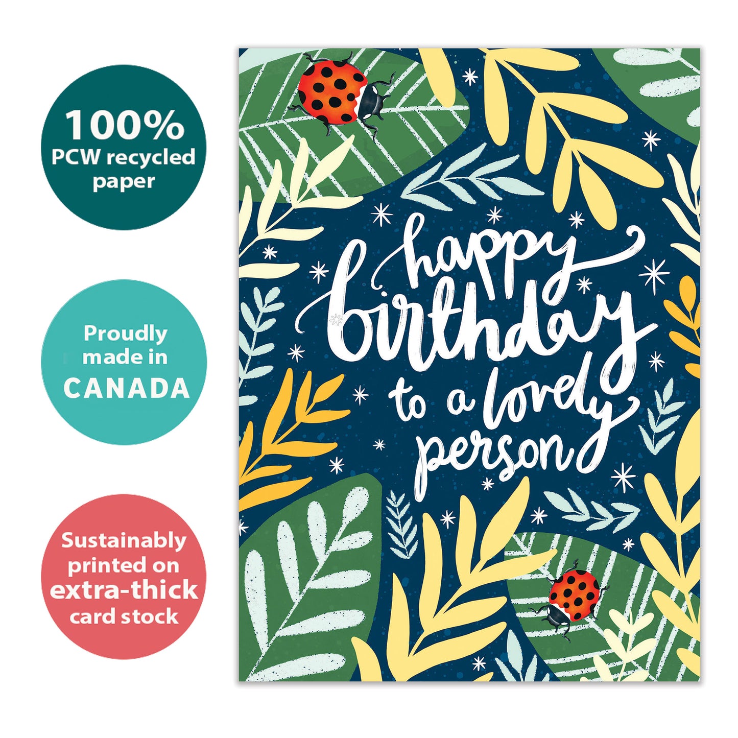 Front view of a Birthday greeting card with foliage and ladybugs surrounding a Happy Birthday message, made with eco-friendly materials in Canada.