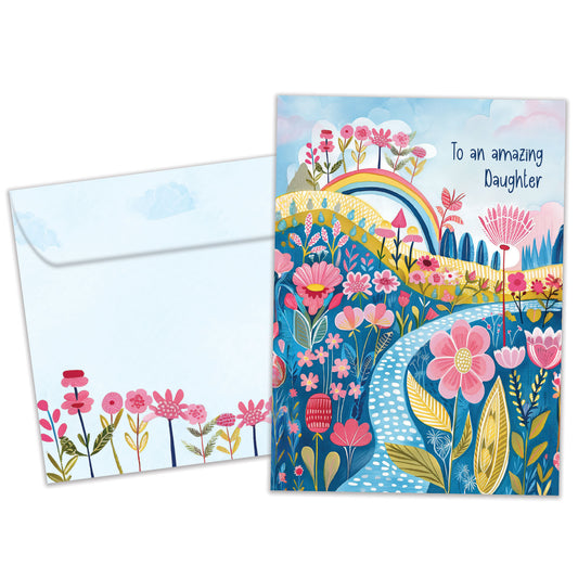 Front view of a Birthday greeting card featuring an illustration of colorful flowers with the message "To an amazing daughter," with a matching envelope.