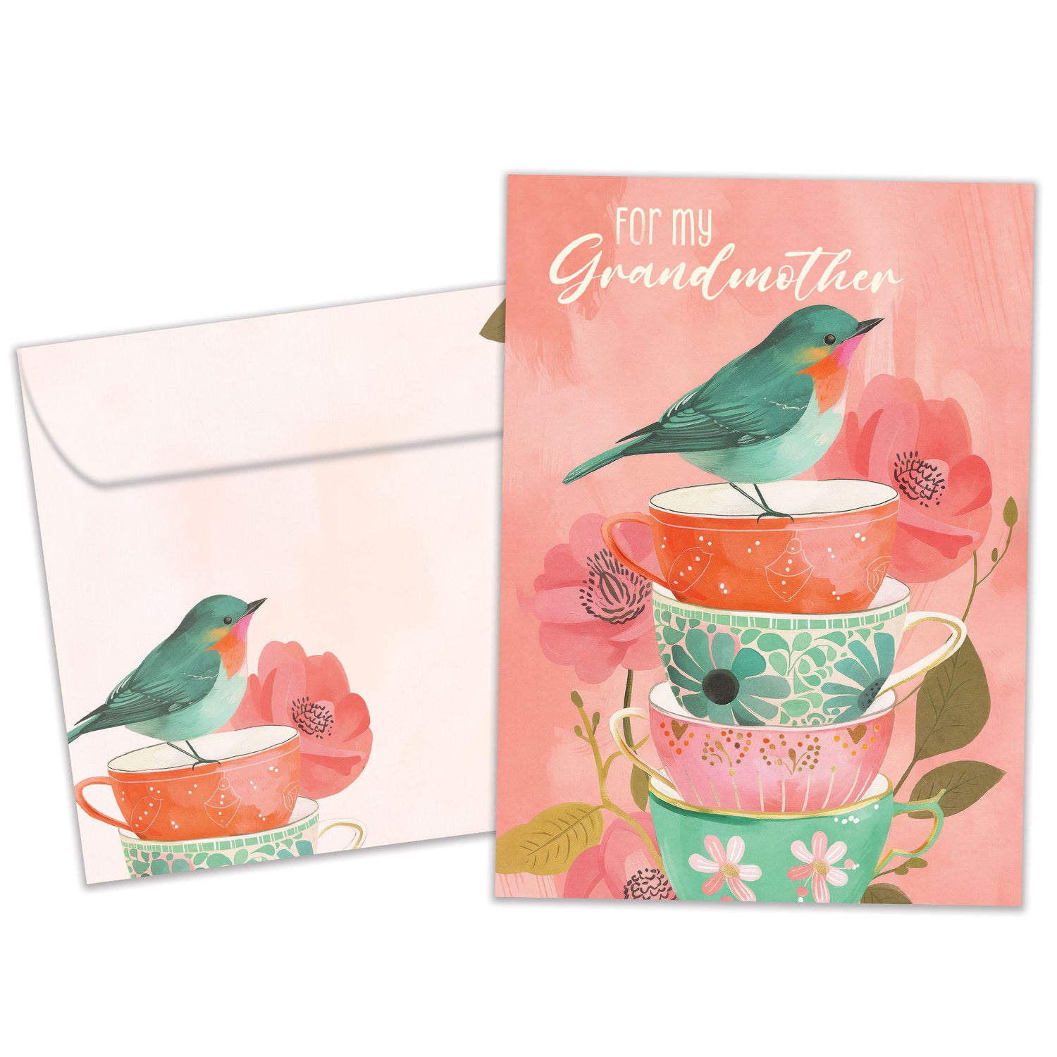 Front view of a Birthday greeting card featuring an illustration of a bird standing on a stack of teacups in beautiful pastel colors, with a matching envelope.