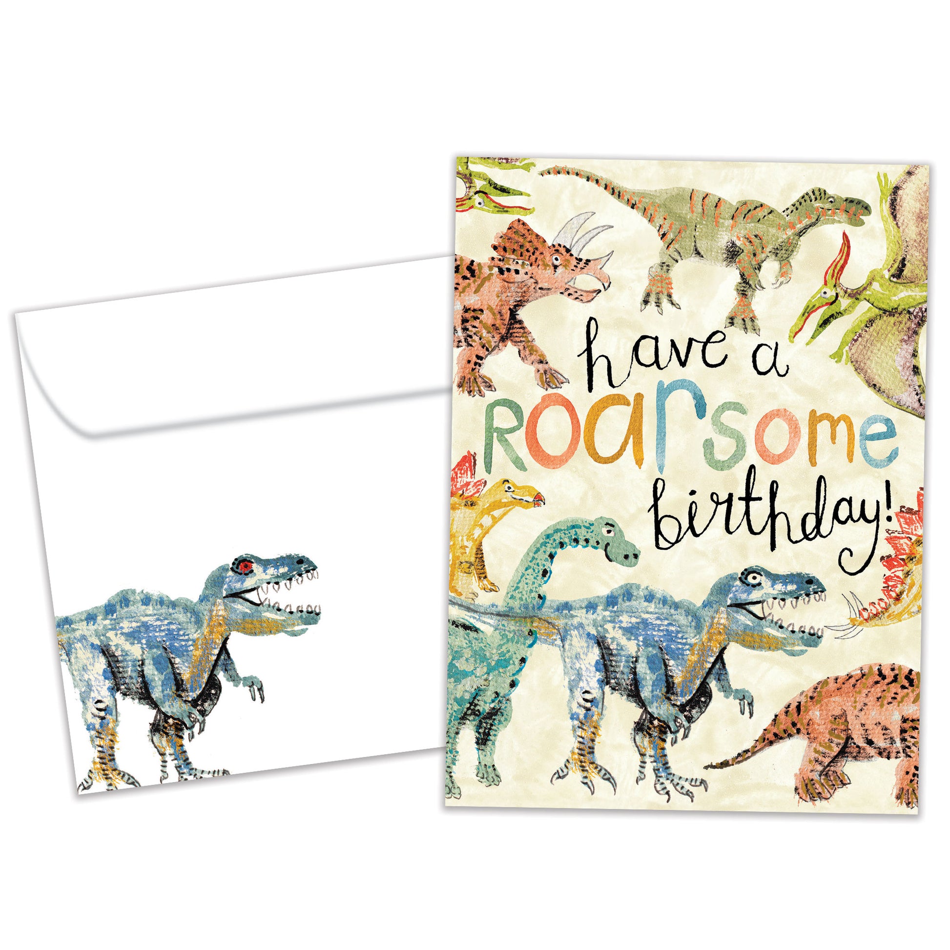 Front view of a Birthday greeting card featuring an illustration of dinosaurs surrounding a fun birthday message, with a matching envelope.