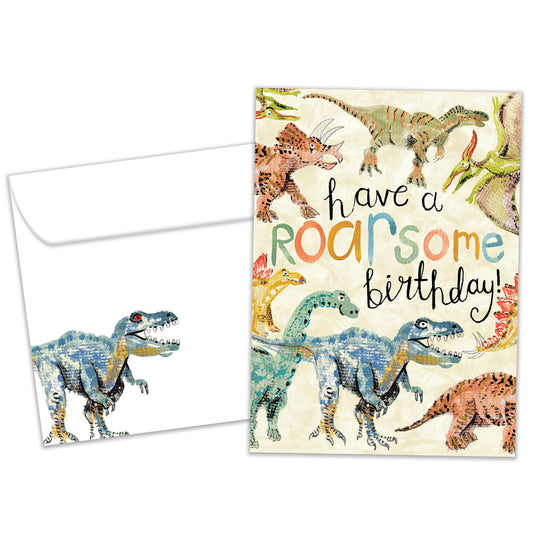 Front view of a Birthday greeting card featuring an illustration of dinosaurs surrounding a fun birthday message, with a matching envelope.