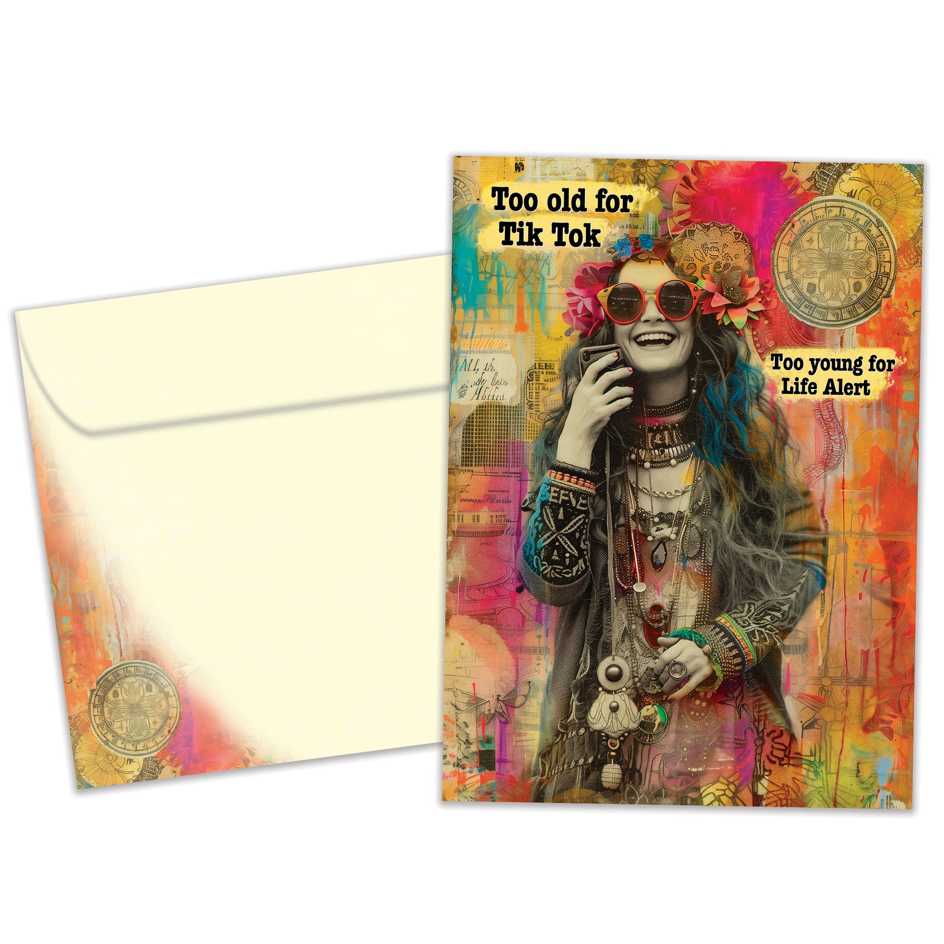 Front view of a Birthday greeting card featuring an illustration of a happy hippie-like woman, with a matching envelope.