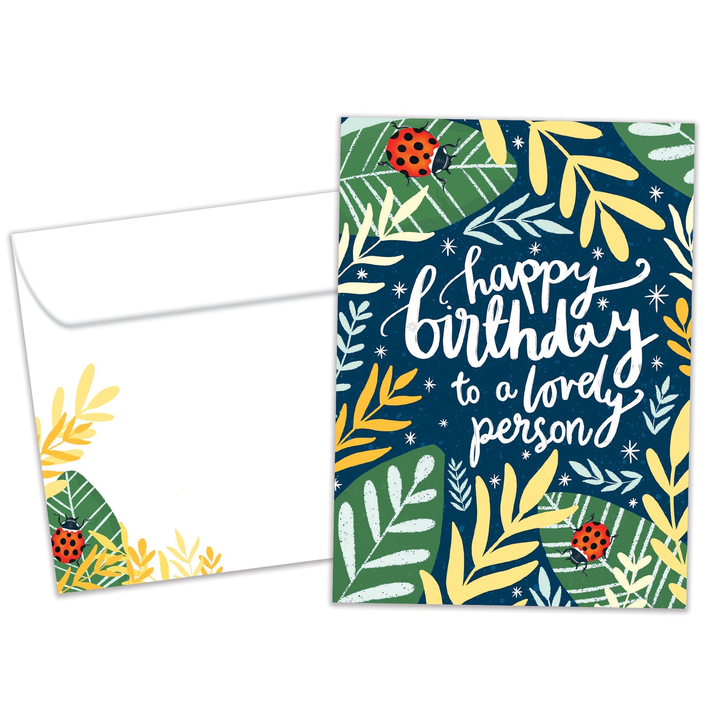 Front view of a Birthday greeting card featuring foliage and ladybugs surrounding a Happy Birthday message, with a matching envelope.