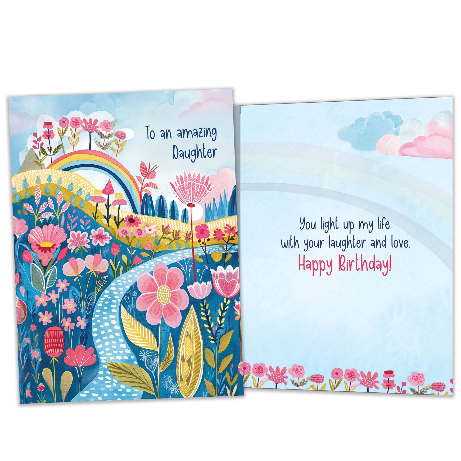 Front and inside view of a Birthday greeting card featuring an illustration of colorful flowers with the message "To an amazing daughter," with matching design details inside.