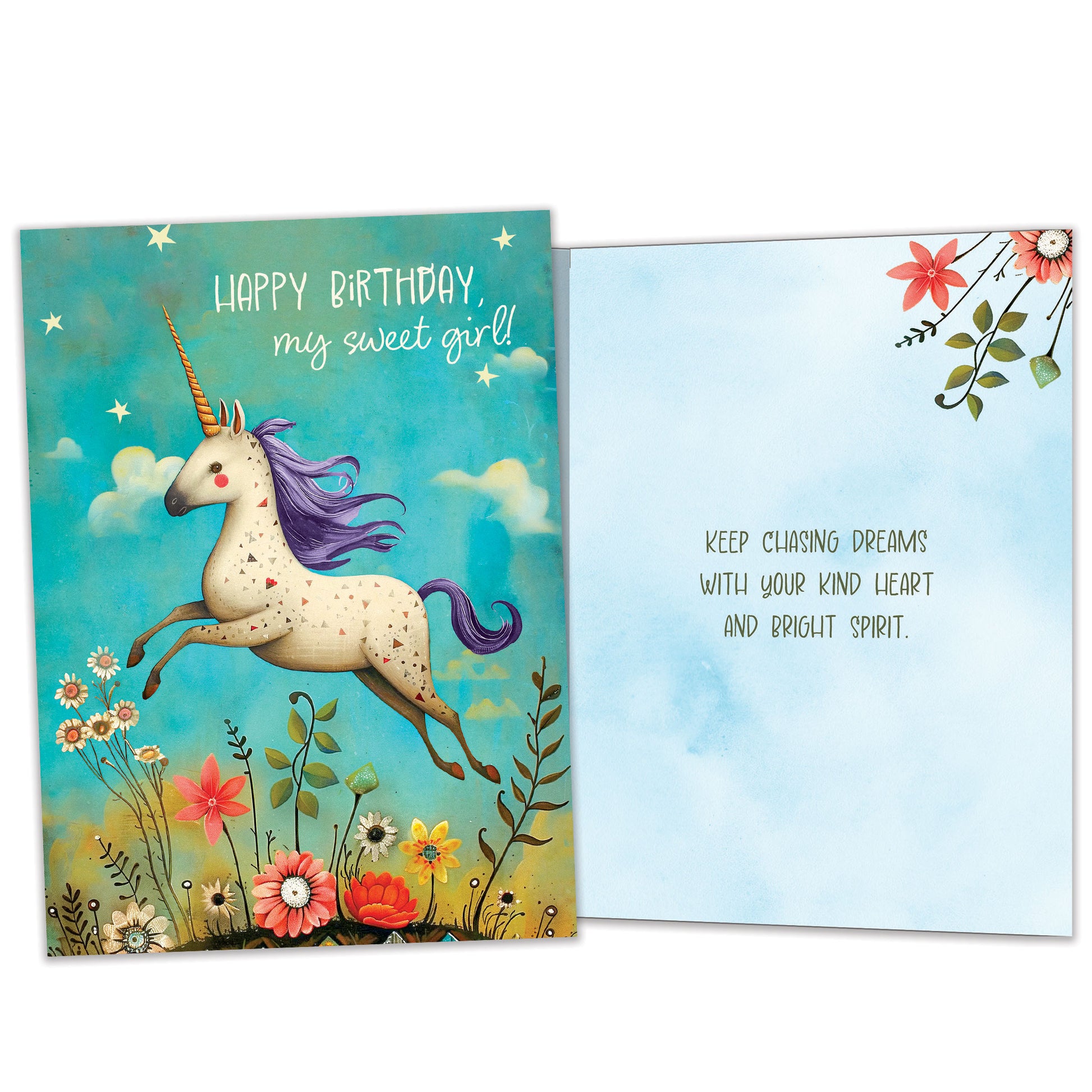 Front and inside view of a Birthday greeting card featuring an illustration of dinosaurs surrounding a fun birthday message, with matching design details inside.