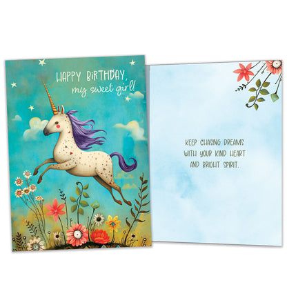 Front and inside view of a Birthday greeting card featuring an illustration of dinosaurs surrounding a fun birthday message, with matching design details inside.