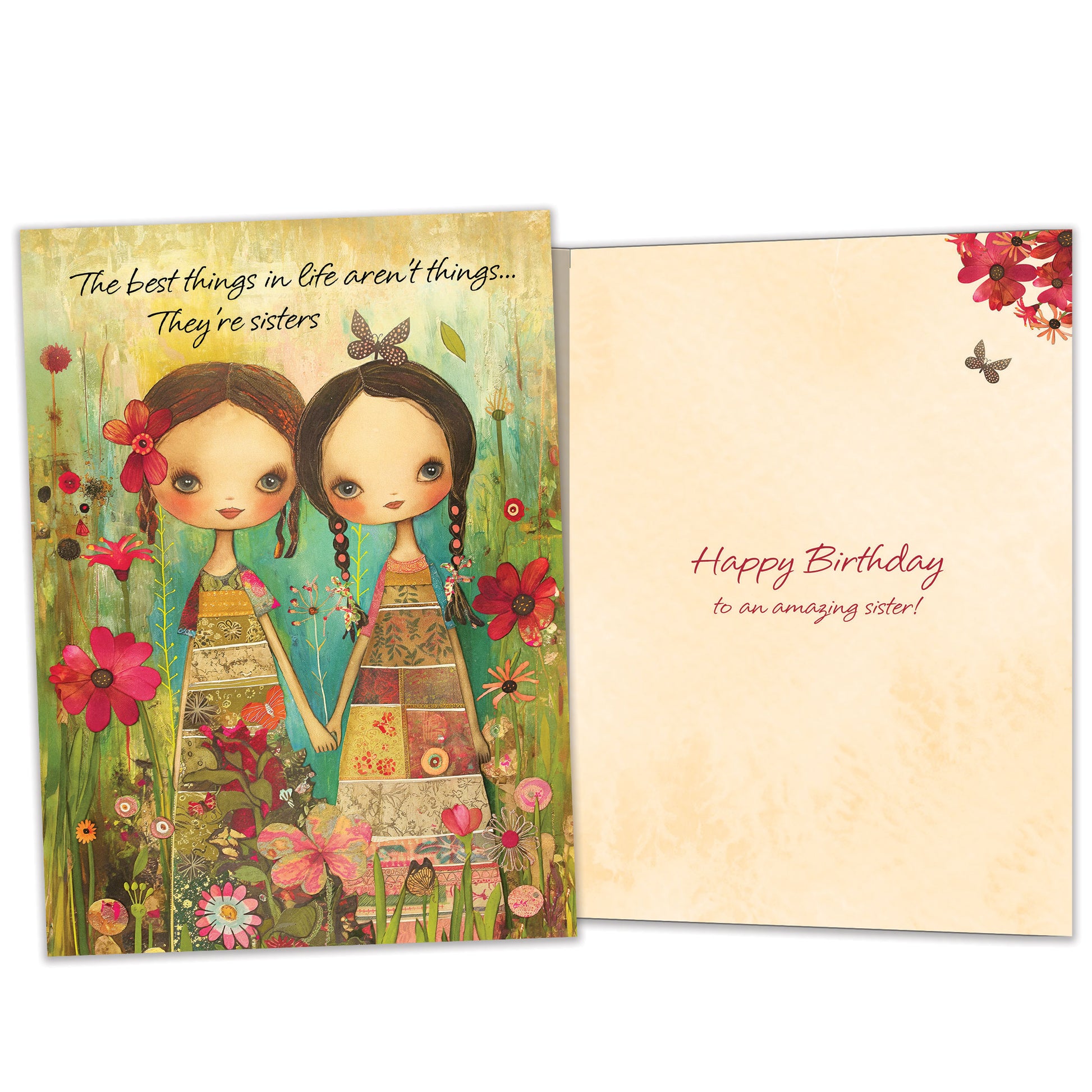 Front and inside view of a Birthday greeting card featuring an illustration of two sisters holding hands surrounded by colorful flowers, with matching design details inside.