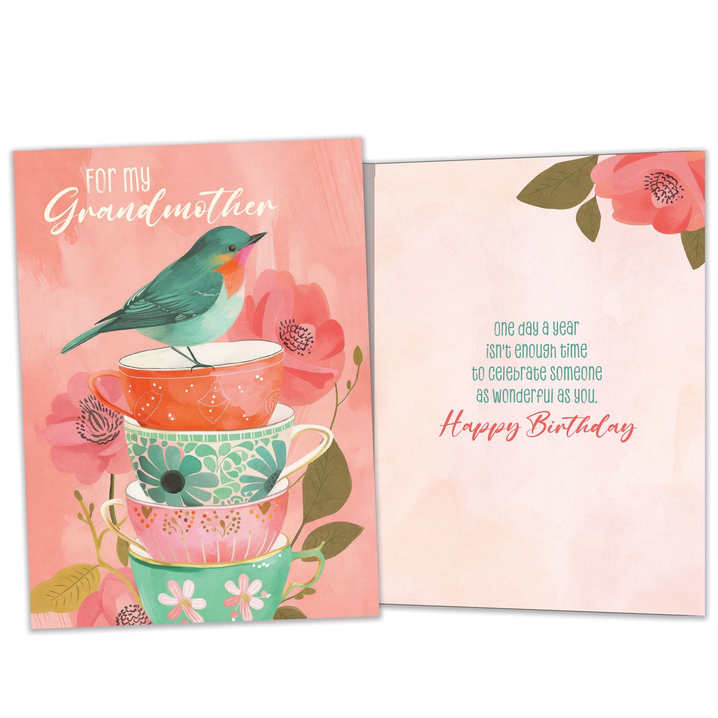 Front and inside view of a Birthday greeting card featuring an illustration of a bird standing on a stack of teacups in beautiful pastel colors, with matching design details inside.