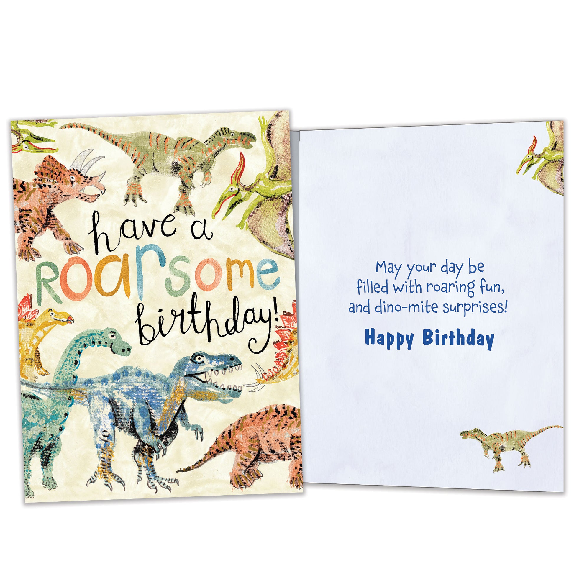 Front and inside view of a Birthday greeting card featuring an illustration of dinosaurs surrounding a fun birthday message, with matching design details inside.