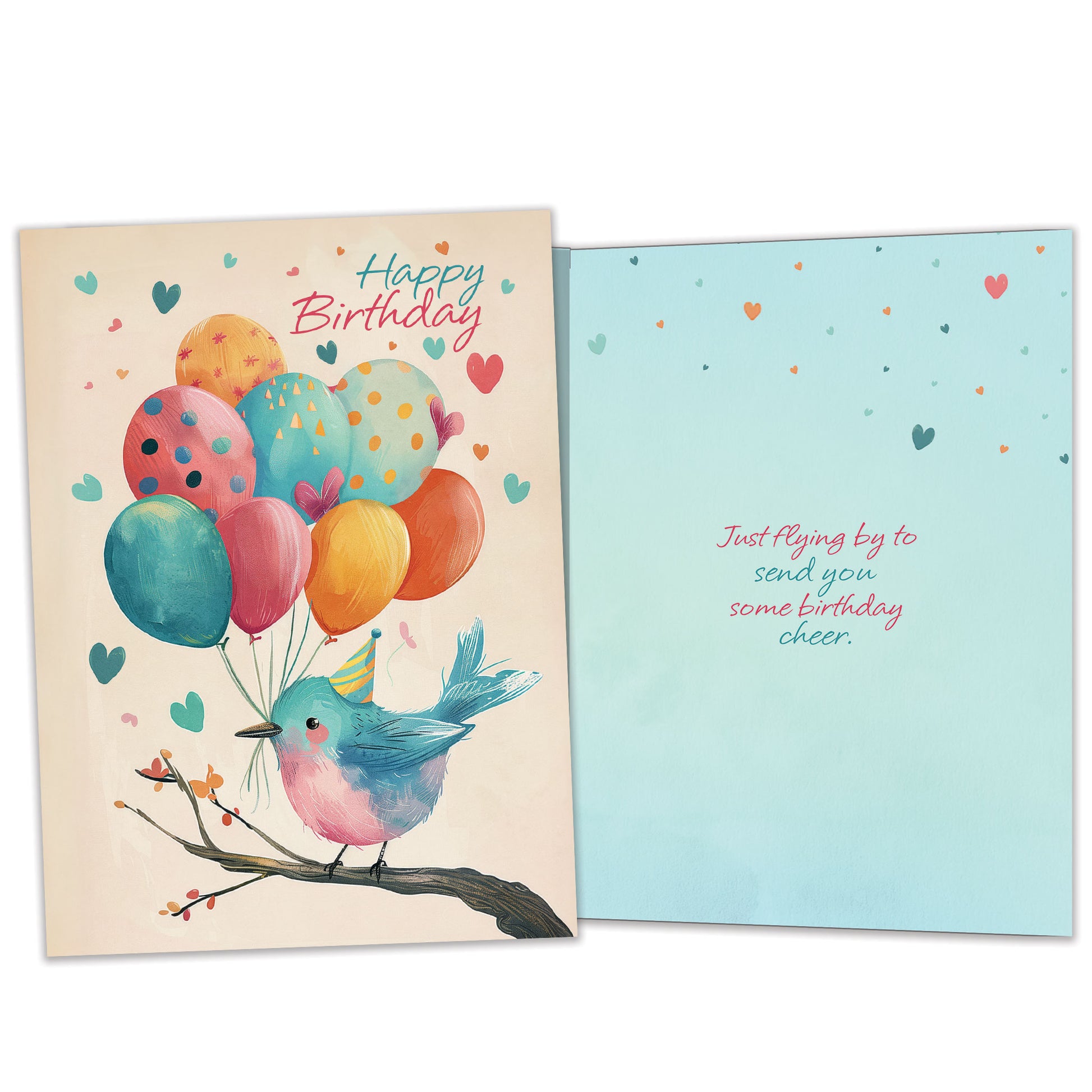 Front and inside view of a Birthday greeting card featuring a bird on a branch wearing a birthday cap and holding birthday balloons, with matching design details inside.