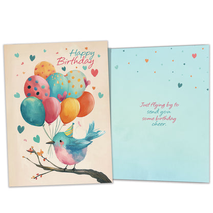 Front and inside view of a Birthday greeting card featuring a bird on a branch wearing a birthday cap and holding birthday balloons, with matching design details inside.