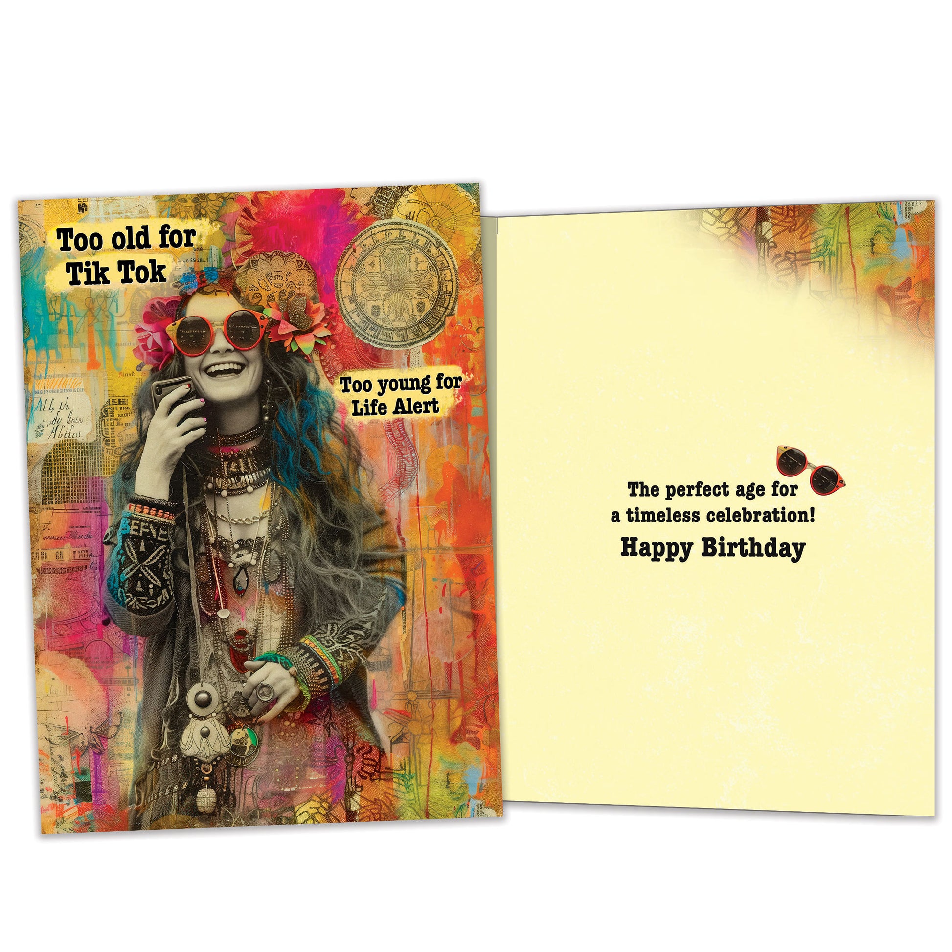 Front and inside view of a Birthday greeting card featuring an illustration of a happy hippie-like woman, with matching inner details.