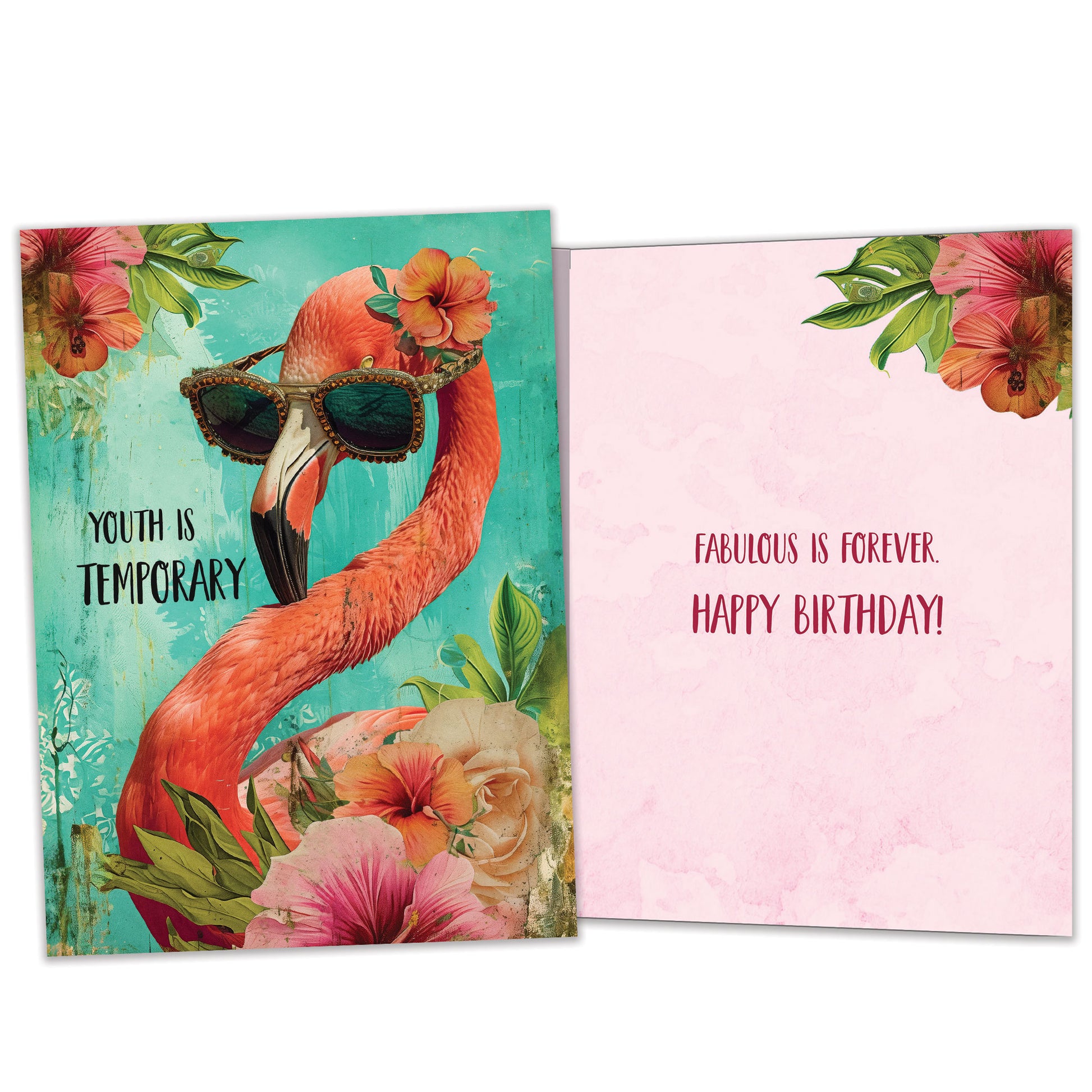 Front and inside view of a Birthday greeting card featuring an illustration of a flamingo wearing sunglasses, with matching inner details.