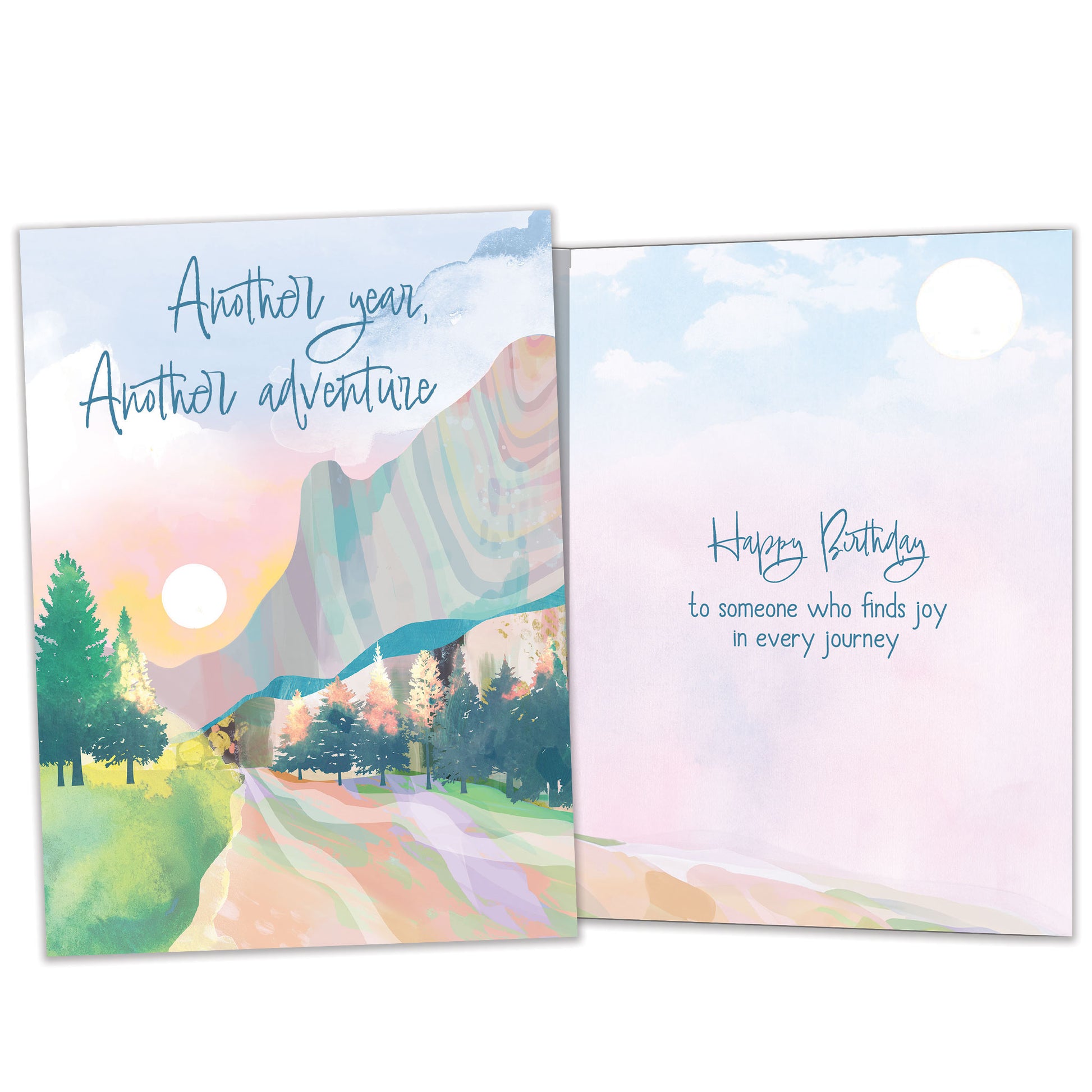 Front and inside view of a Birthday greeting card featuring an illustration of a country road with the message "Another year, Another adventure," with matching inner details.