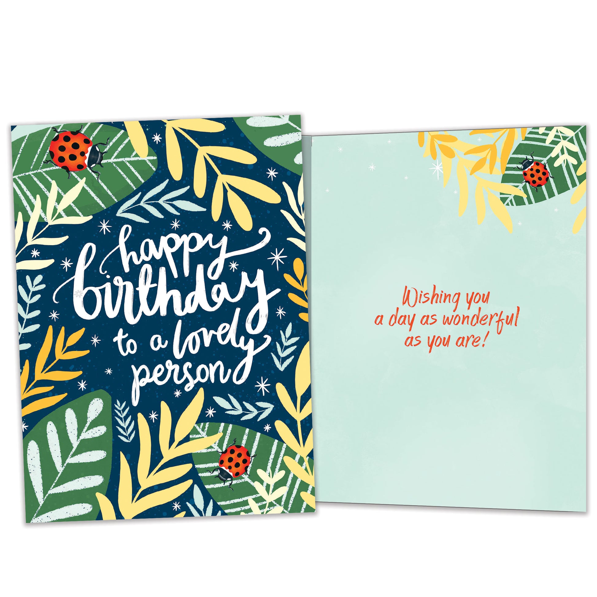 Front and inside view of a Birthday greeting card featuring foliage and ladybugs surrounding a Happy Birthday message, with matching inner details.