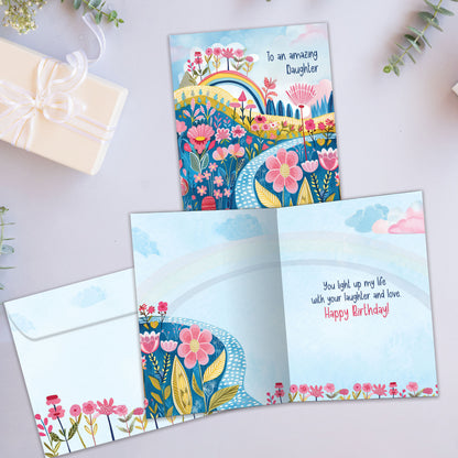 Front and inside view of a Birthday greeting card showcasing an illustration of colorful flowers with the message "To an amazing daughter," with a matching envelope.