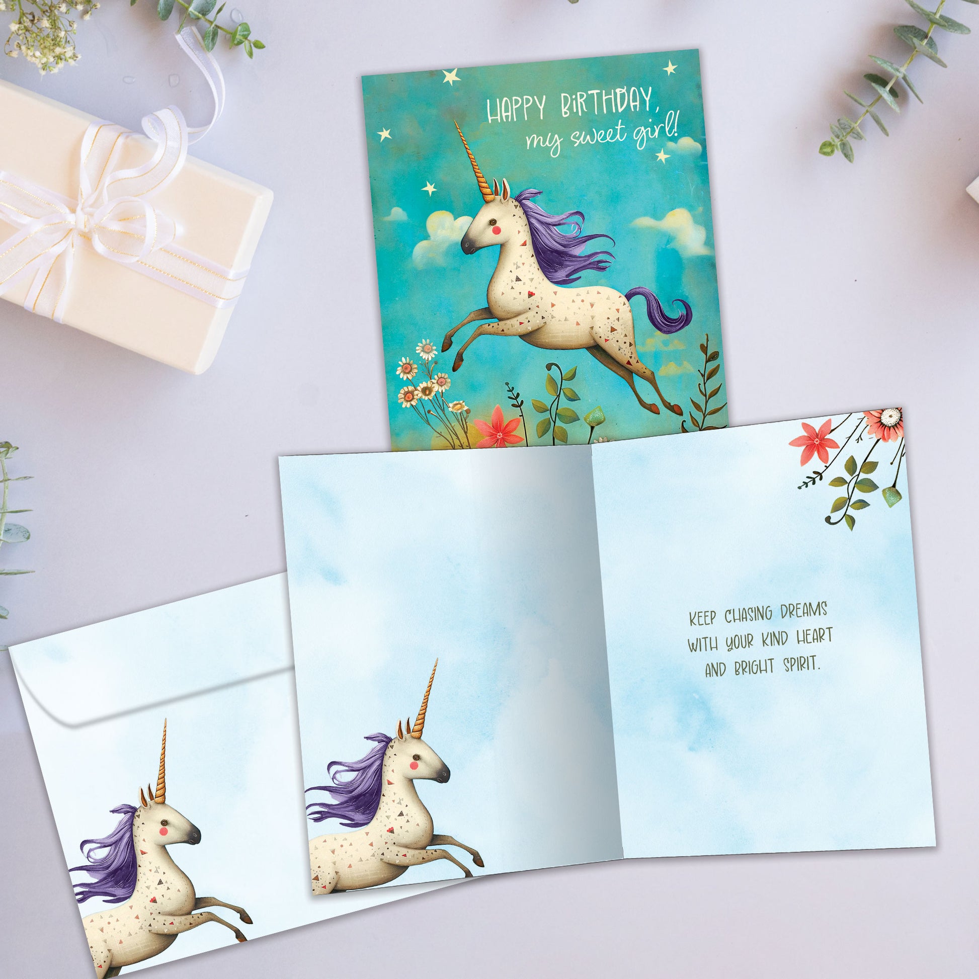 Front and inside view of a Birthday greeting card showcasing an illustration of a unicorn with a purple mane and surrounded by colorful flowers, with a matching envelope.