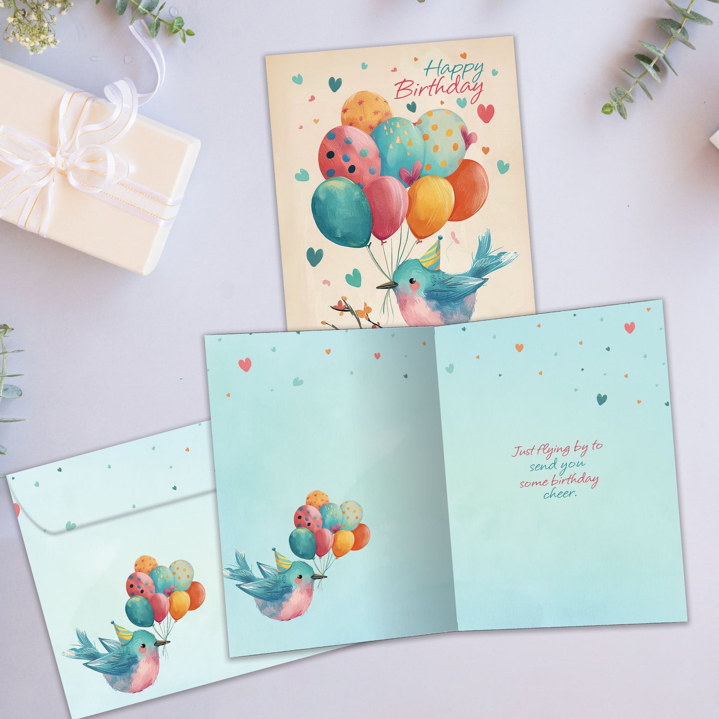 Front and inside view of a Birthday greeting card showcasing an illustration of a bird on a branch wearing a birthday cap and holding birthday balloons, with a matching envelope.