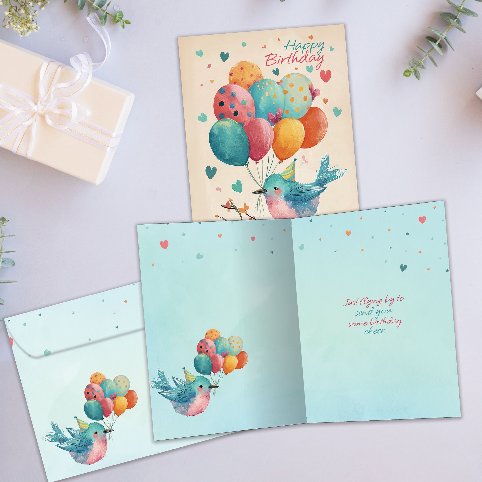 Front and inside view of a Birthday greeting card showcasing an illustration of a bird on a branch wearing a birthday cap and holding birthday balloons, with a matching envelope.