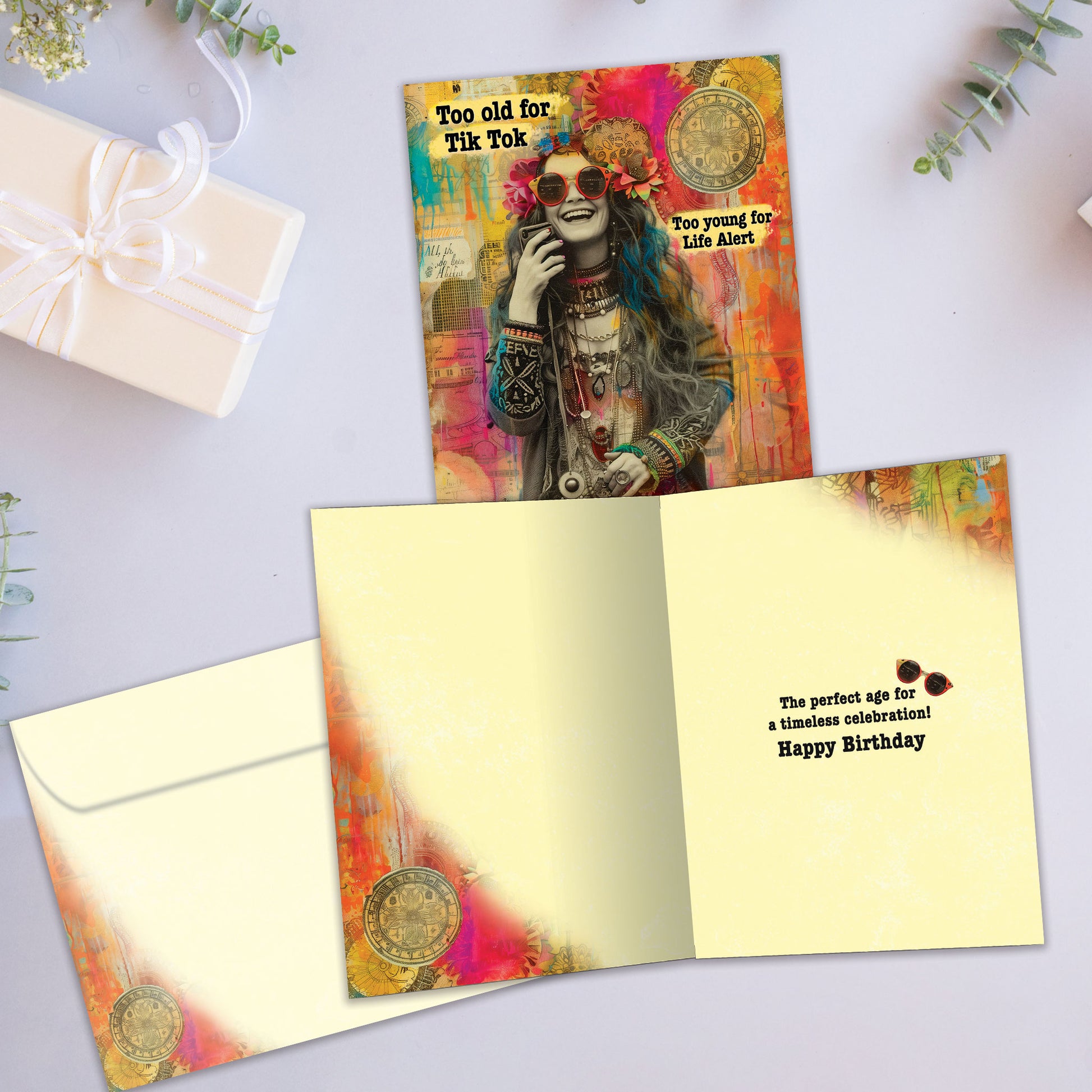 Front and inside view of a Birthday greeting card showcasing an illustration of a happy hippie-like woman, with a matching envelope.