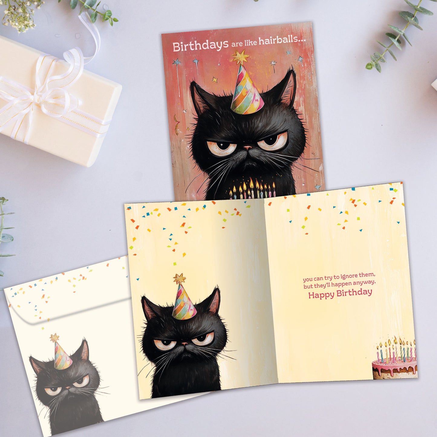 Hairballs Happen Birthday Card