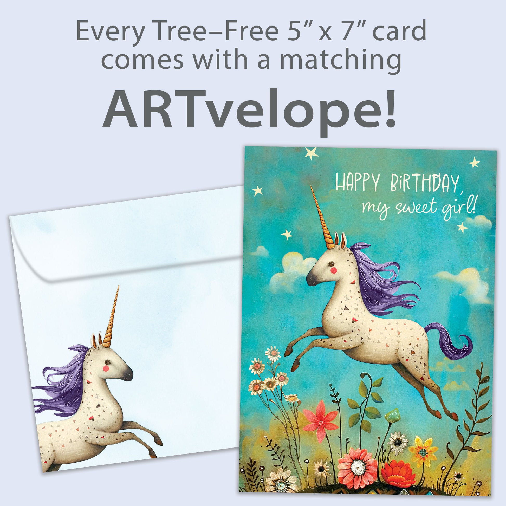 Front view of a Birthday greeting card featuring an illustration of a unicorn with a purple mane and surrounded by colorful flowers, with matching envelope artwork.