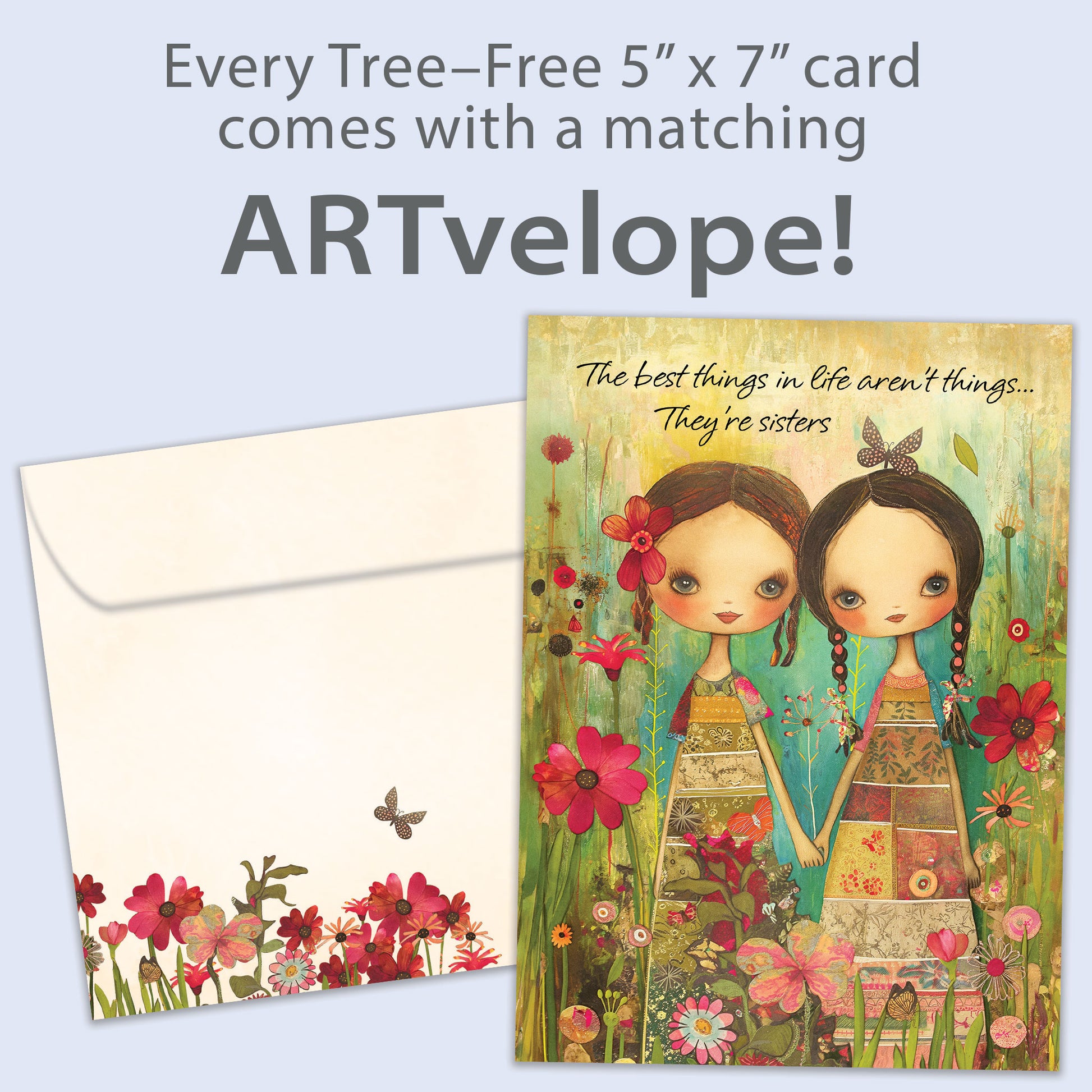 Front view of a Birthday greeting card featuring an illustration of two sisters holding hands surrounded by colorful flowers, with matching envelope artwork.