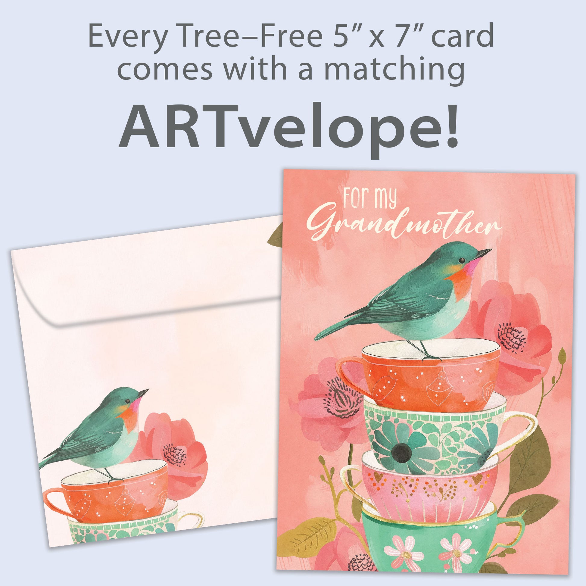 Front view of a Birthday greeting card featuring an illustration of a bird standing on a stack of teacups in beautiful pastel colors, with matching envelope artwork.