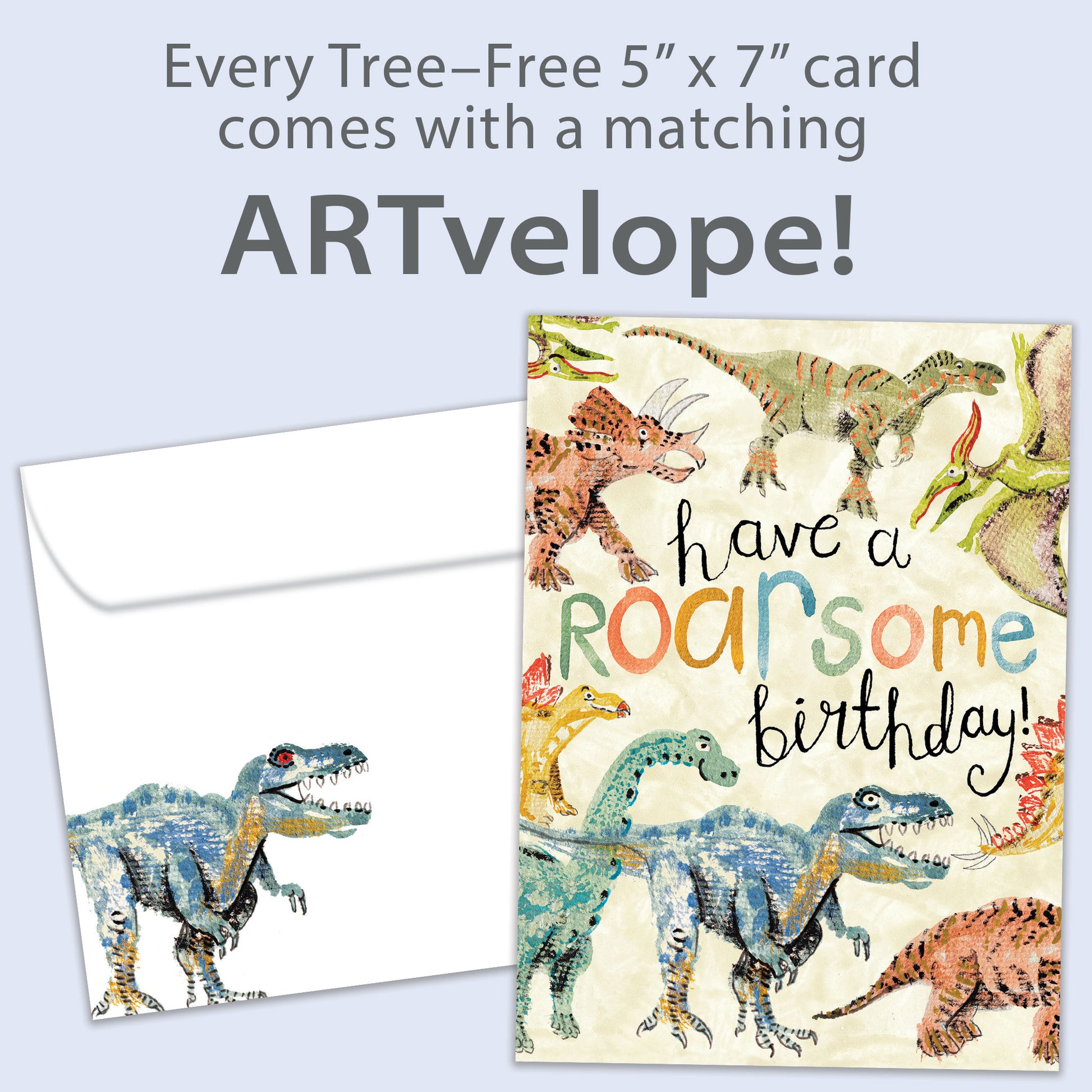 Front view of a Birthday greeting card featuring an illustration of dinosaurs surrounding a fun birthday message, with matching envelope artwork.