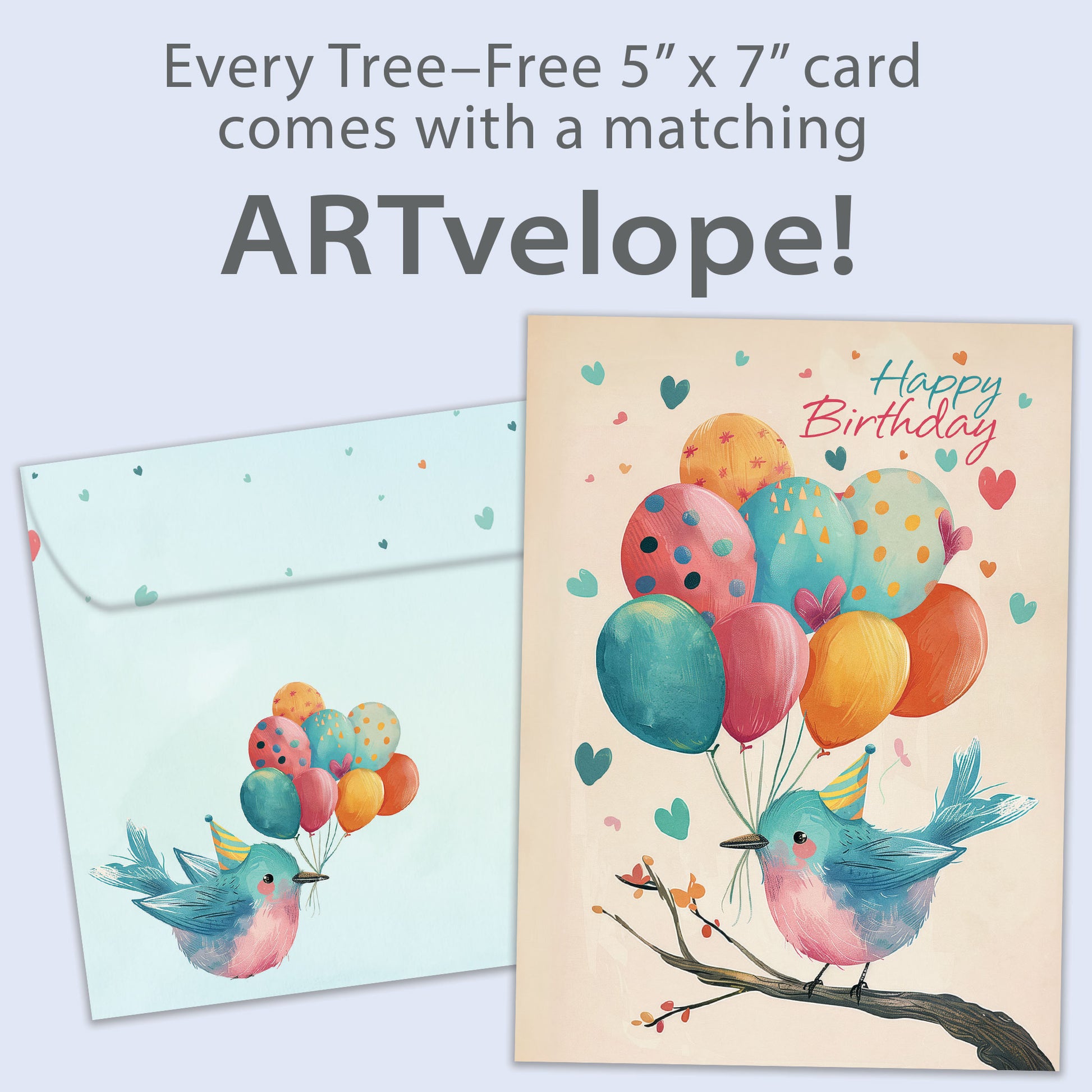 Front view of a Birthday greeting card featuring a bird on a branch wearing a birthday cap and holding birthday balloons, with matching envelope artwork.