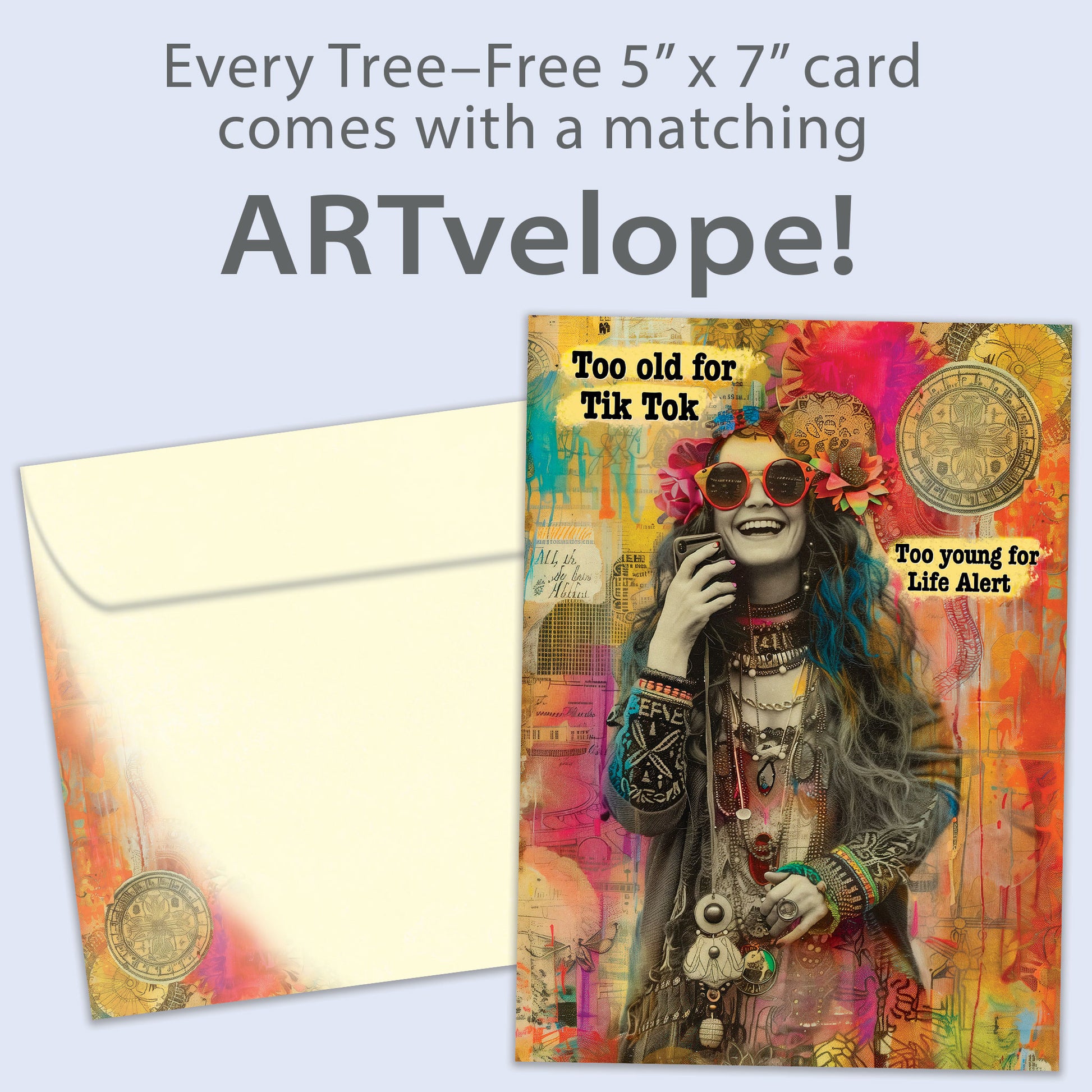 Front view of a Birthday greeting card featuring an illustration of a happy hippie-like woman, with matching envelope artwork.
