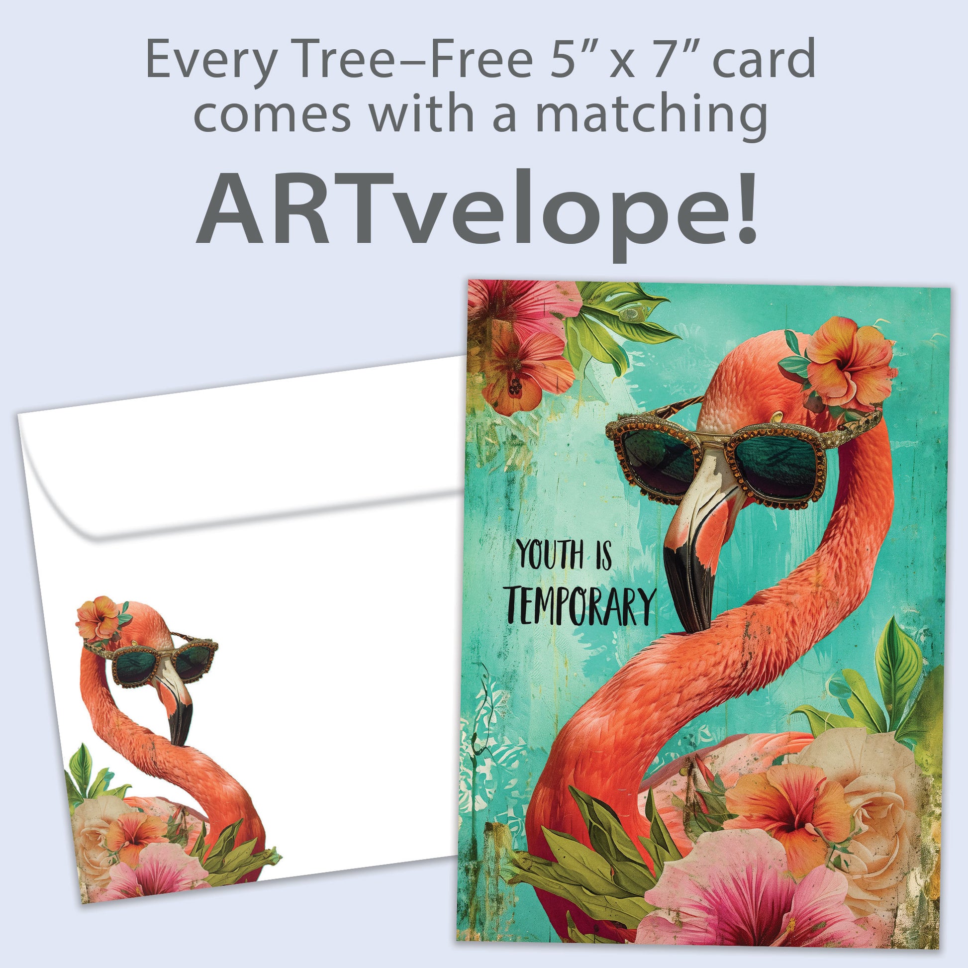 Front view of a Birthday greeting card featuring an illustration of a flamingo wearing sunglasses, with matching envelope artwork.