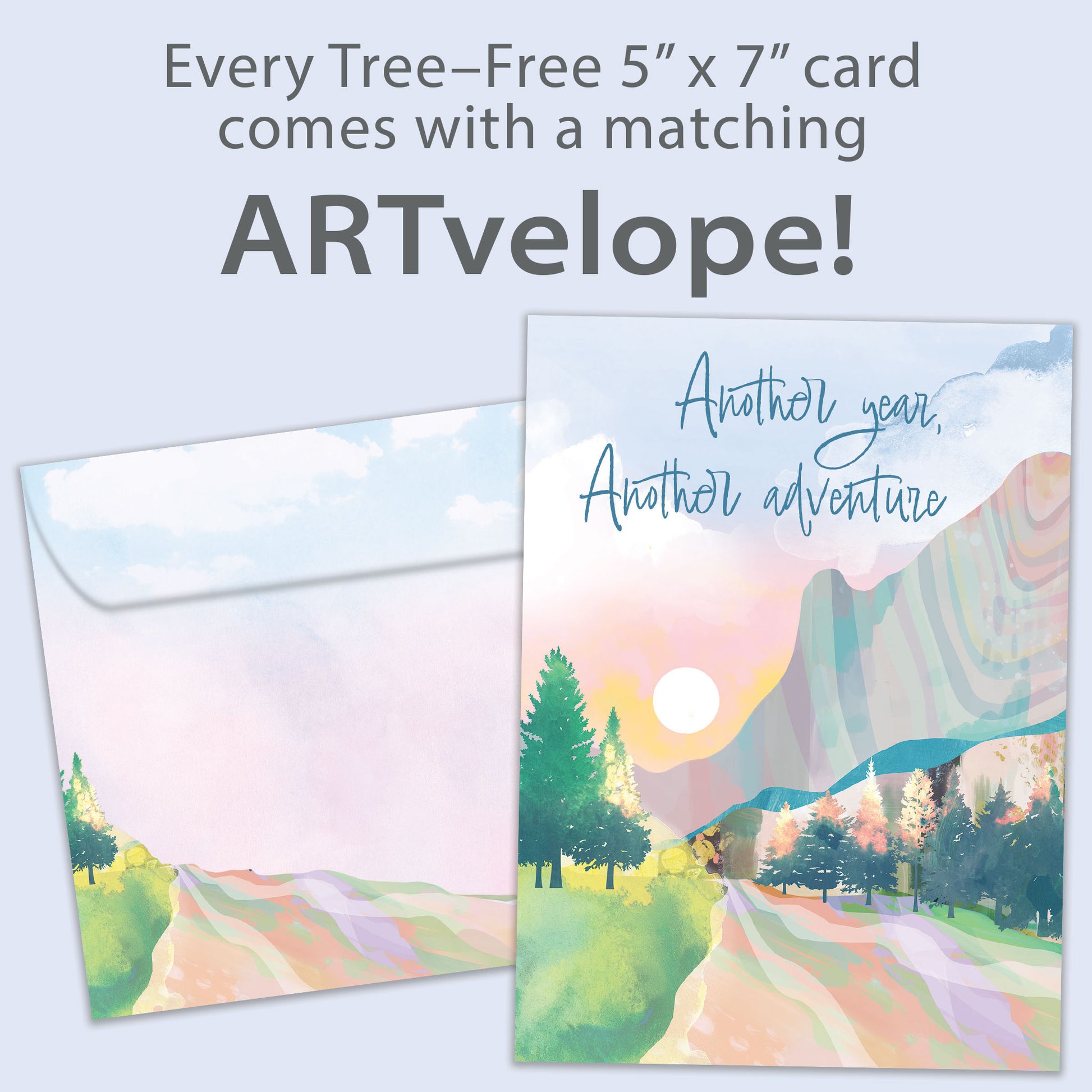 Front view of a Birthday greeting card featuring an illustration of a country road with the message "Another year, Another adventure," with matching envelope artwork.