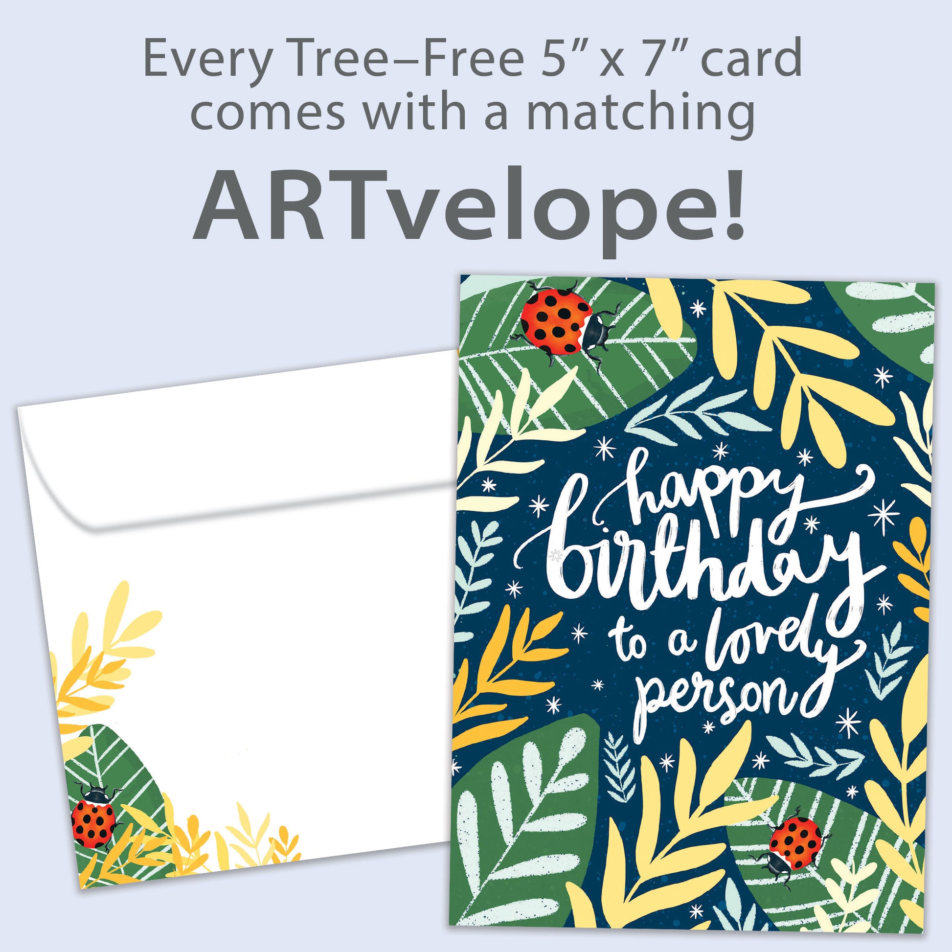 Front view of a Birthday greeting card featuring foliage and ladybugs surrounding a Happy Birthday message, with matching envelope artwork.