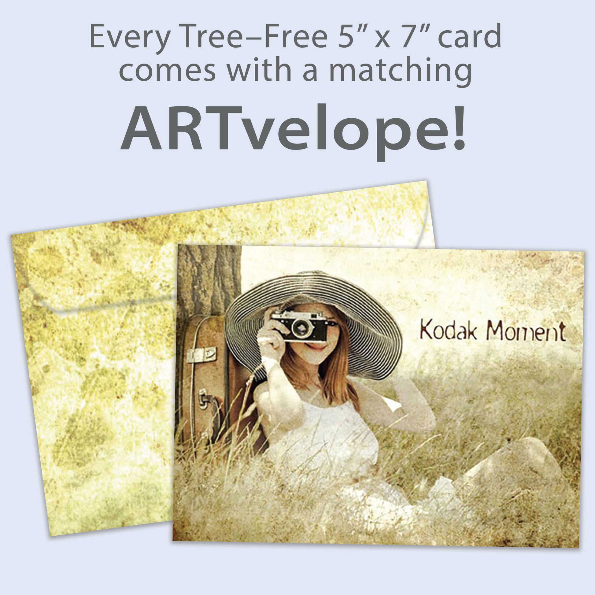 Front view of a Birthday greeting card featuring a woman sitting next to a tree taking a picture with the words "Kodak moment", with matching envelope artwork.