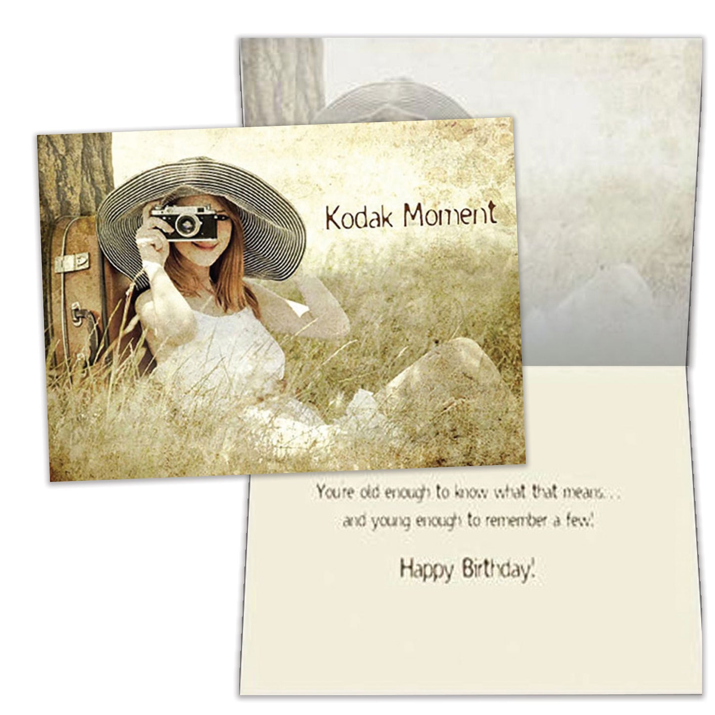 Front and inside view of a Birthday greeting card featuring a woman sitting next to a tree taking a picture with the words "Kodak moment", with matching design details inside.