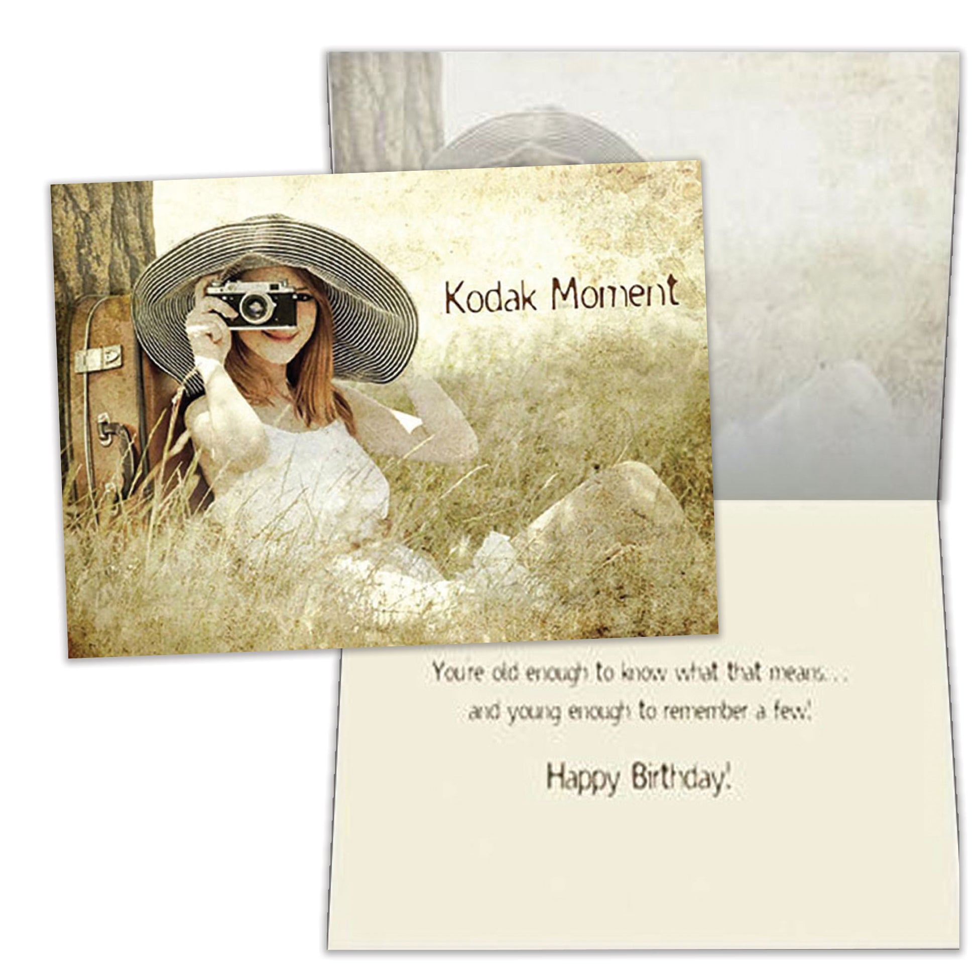 Front and inside view of a Birthday greeting card featuring a woman sitting next to a tree taking a picture with the words "Kodak moment", with matching design details inside.