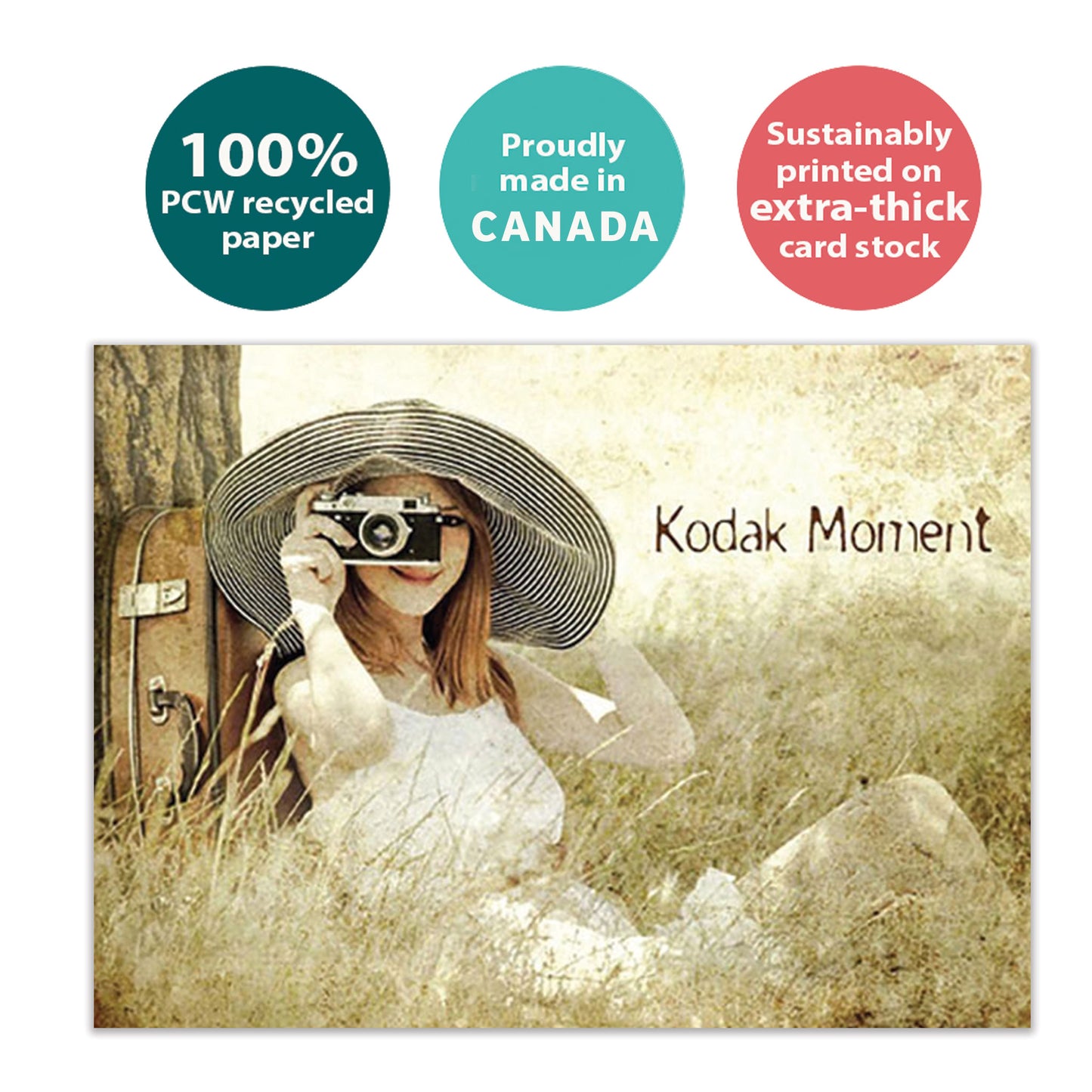 Front view of a Birthday greeting card with a woman sitting next to a tree taking a picture and the words "Kodak moment", highlighting its eco-friendly materials and made in Canada.