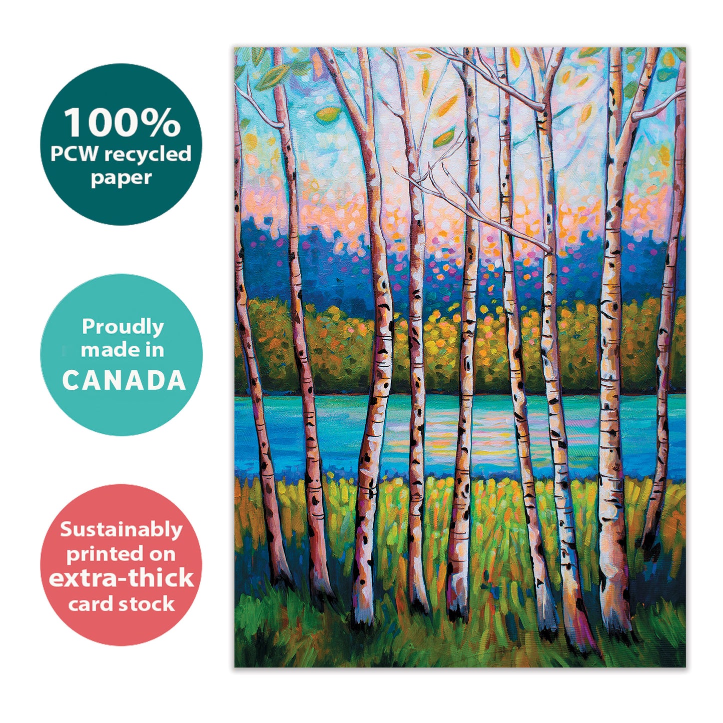 Front view of an All Occasion greeting card with a calming forest and stream illustration, highlighting its eco-friendly materials and made in Canada.