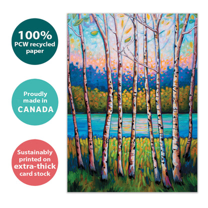 Front view of an All Occasion greeting card with a calming forest and stream illustration, highlighting its eco-friendly materials and made in Canada.