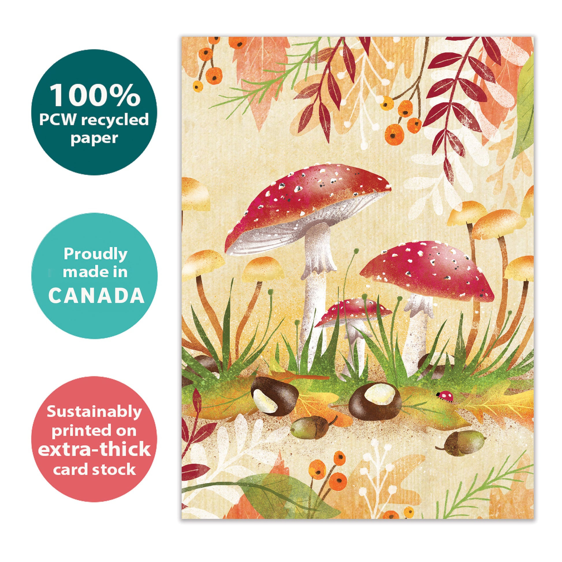 Front view of an All Occasion greeting card with a vibrant forest and mushrooms illustration, highlighting eco-friendly materials and made in Canada.