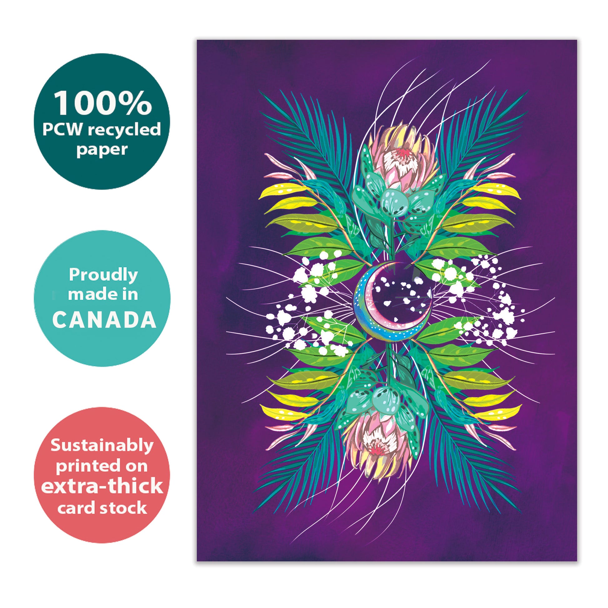 Front view of an All Occasion greeting card with vibrant foliage and moon illustration, highlighting eco-friendly materials and made in Canada.