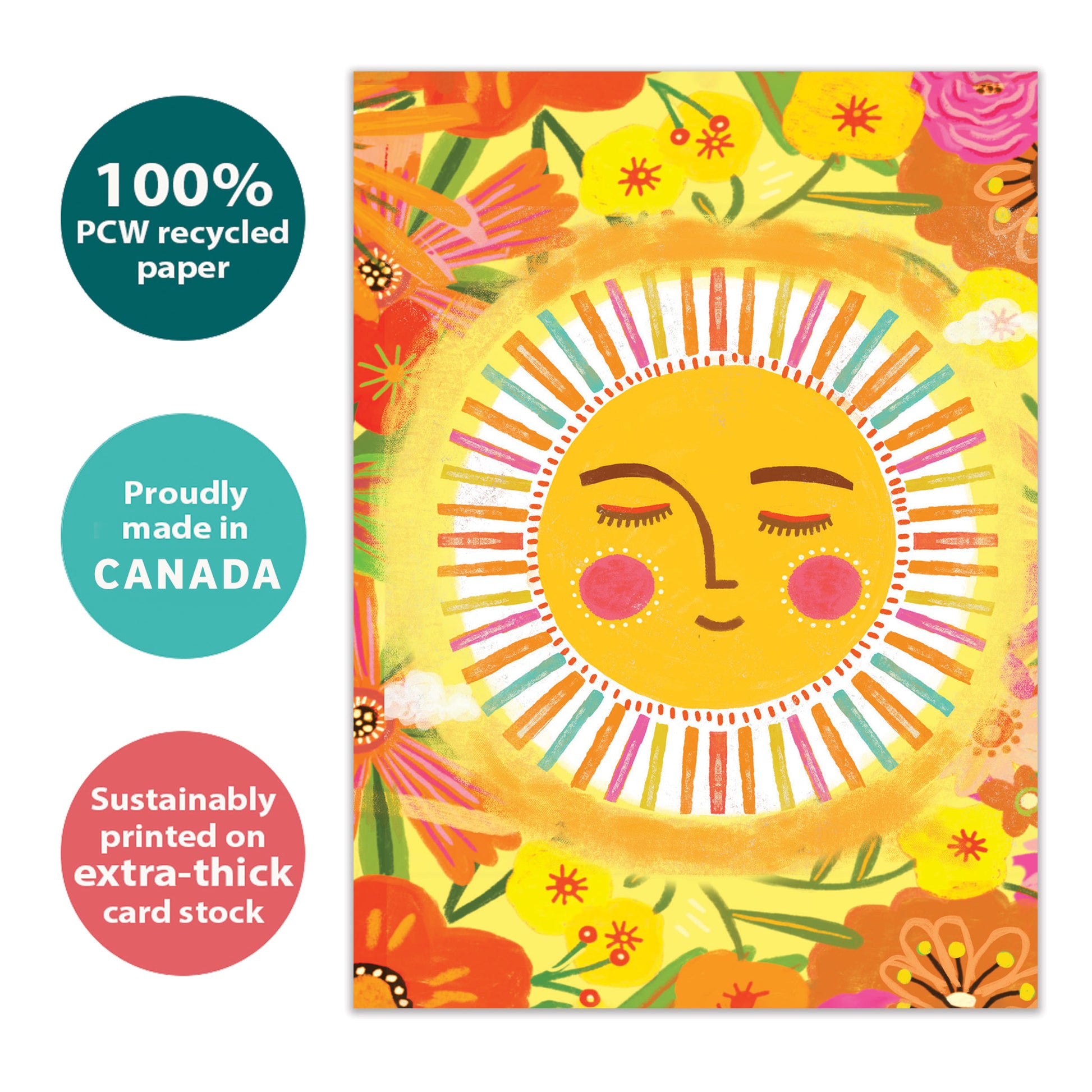Front view of an eco-friendly All Occasion greeting card featuring a cheerful sun and bright flowers, sustainably made in Canada.