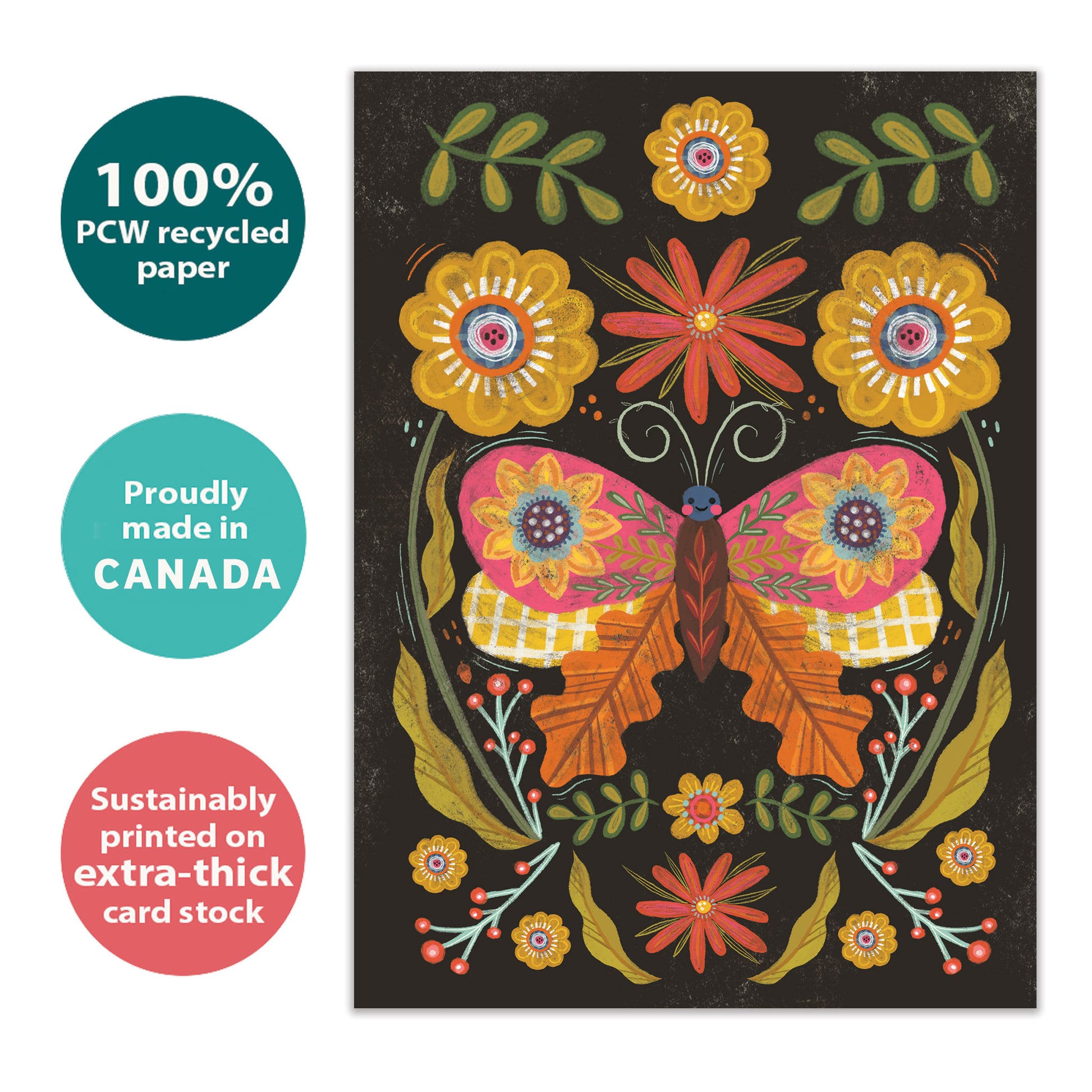 Front view of an eco-friendly All Occasion greeting card featuring a butterfly and flowers on a dark background, sustainably made in Canada.