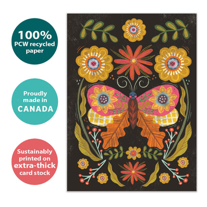 Front view of an eco-friendly All Occasion greeting card featuring a butterfly and flowers on a dark background, sustainably made in Canada.