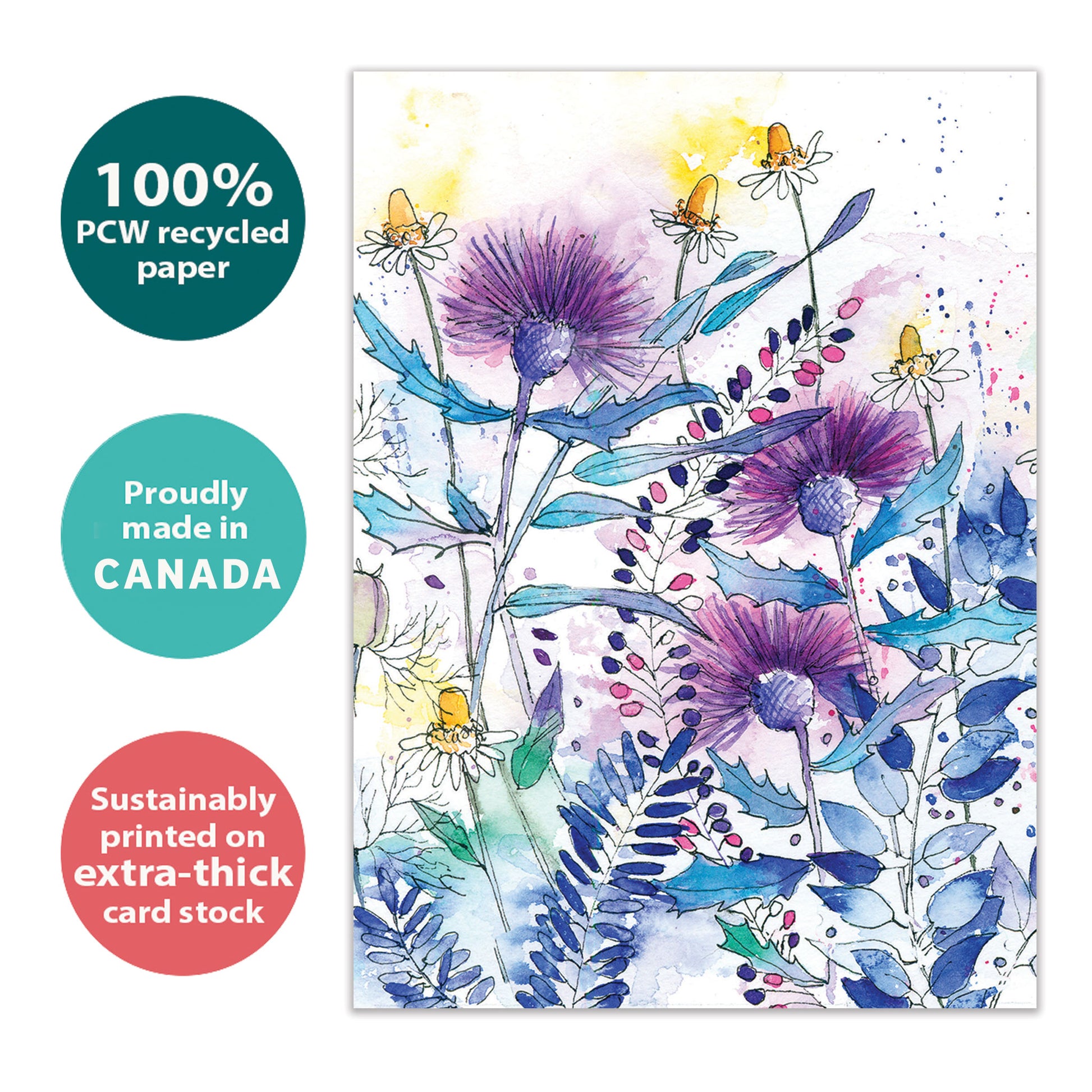 Front view of an eco-friendly All Occasion greeting card featuring purple and blue flowers on a white background, made sustainably in Canada.