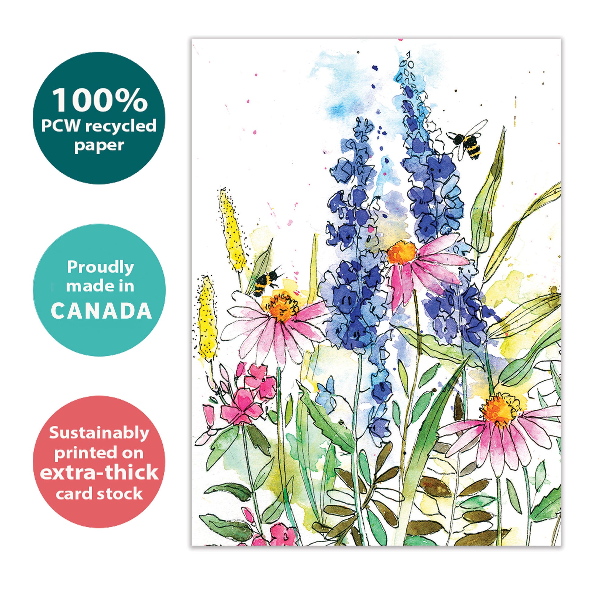 Front view of an eco-friendly All Occasion greeting card featuring wildflowers and bees on a white background, made sustainably in Canada.