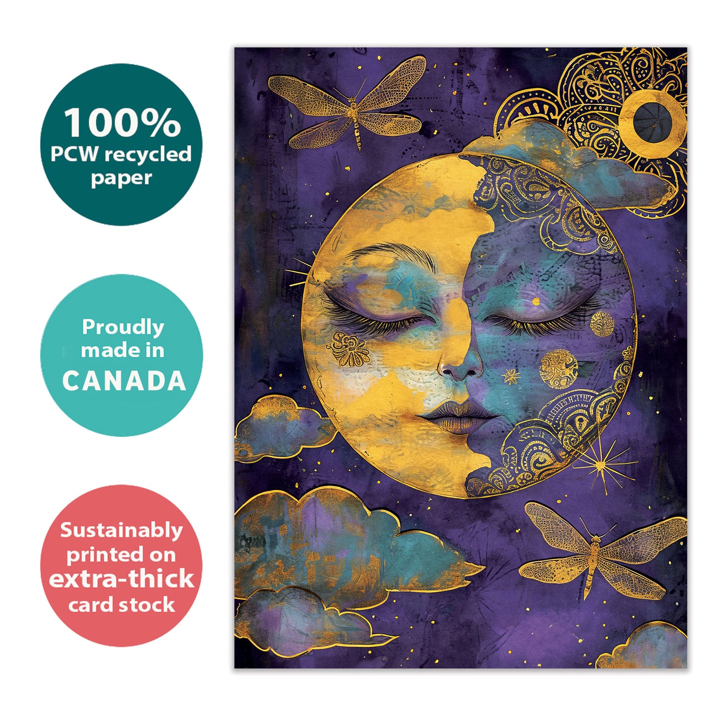 Front view of an eco-friendly All Occasion greeting card featuring a golden serene moon on a purple night sky, made sustainably in Canada.
