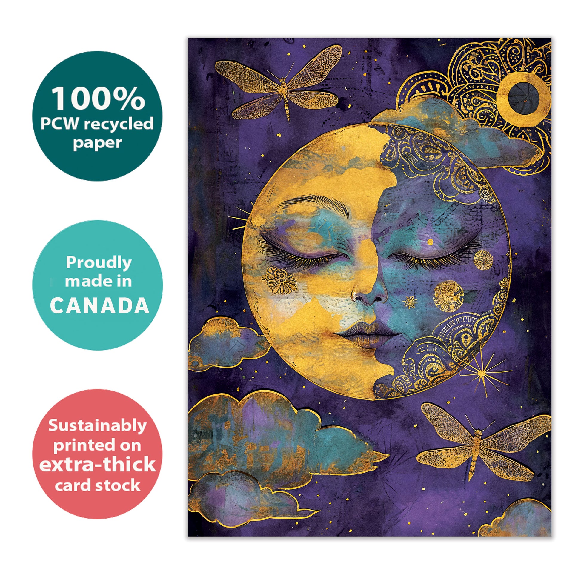 Front view of an eco-friendly All Occasion greeting card featuring a golden serene moon on a purple night sky, made sustainably in Canada.